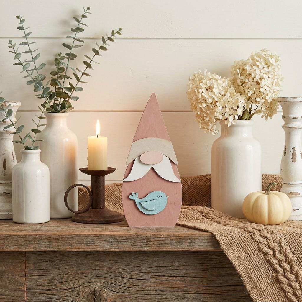 Framed Gnome with Bird Art Print | Rustic Farmhouse Shelf Decor