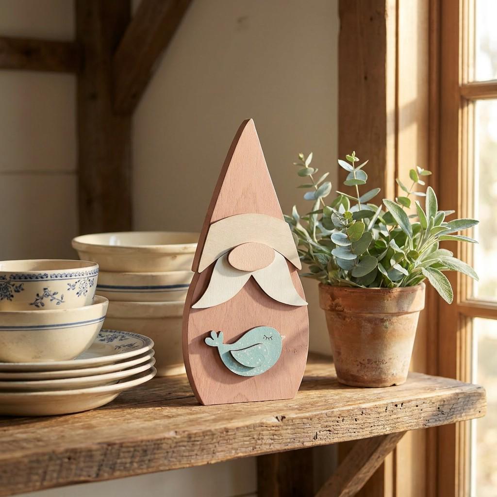 Framed Gnome with Bird Art Print | Rustic Farmhouse Shelf Decor