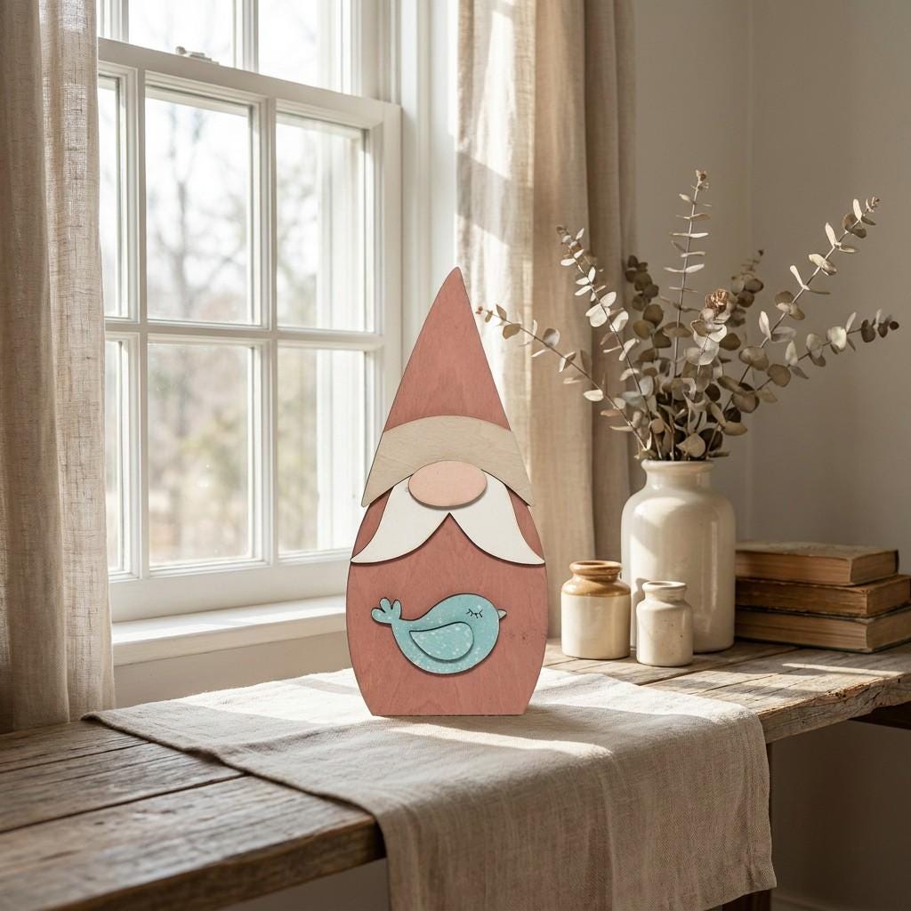 Framed Gnome with Bird Art Print | Rustic Farmhouse Shelf Decor