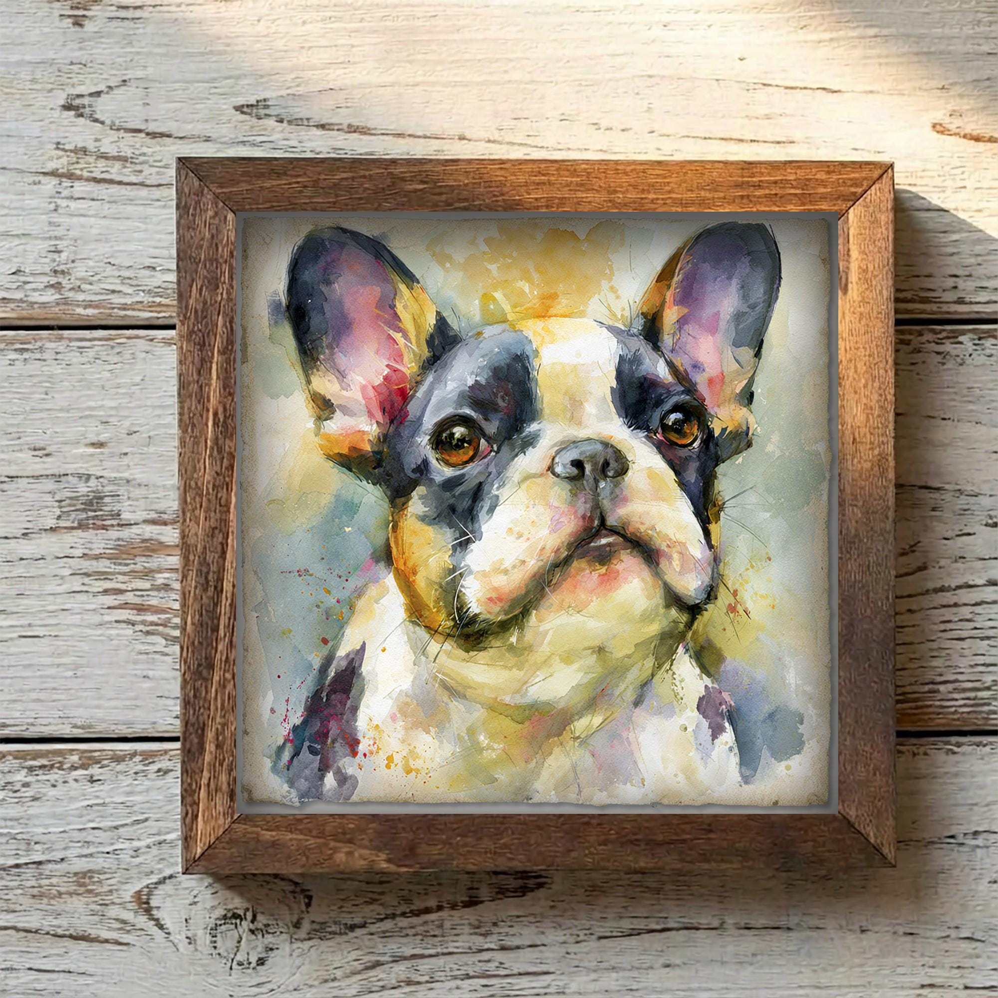 Framed French Bulldog Art Print | Rustic Farmhouse Shelf Decor