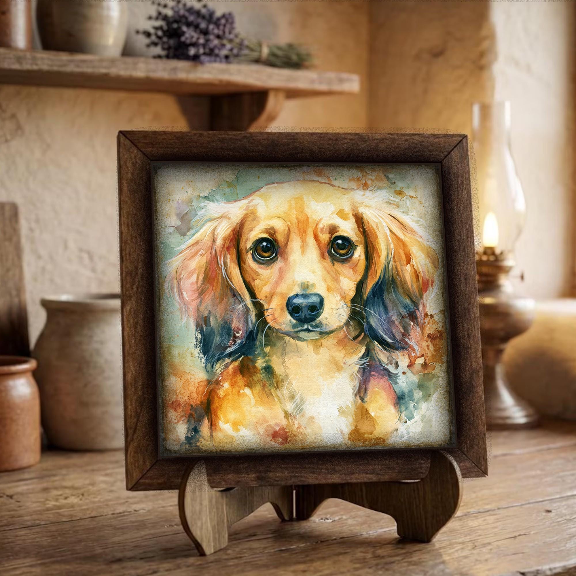 Framed Golden Retriever Art Print | Rustic Farmhouse Shelf Decor