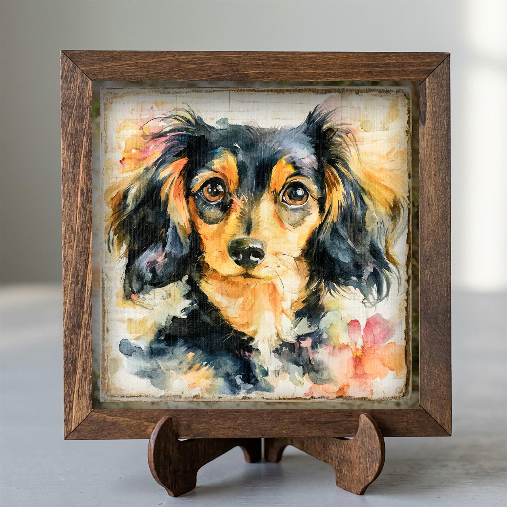 Framed Dachshund Dog Art Print | Rustic Farmhouse Shelf Decor
