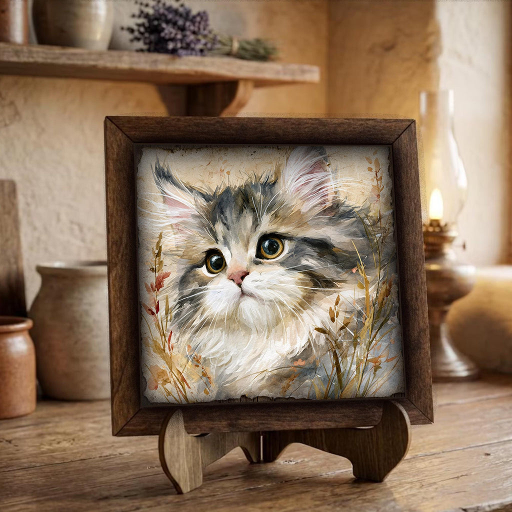 Framed Fluffy Kitten Art Print | Rustic Farmhouse Shelf Decor