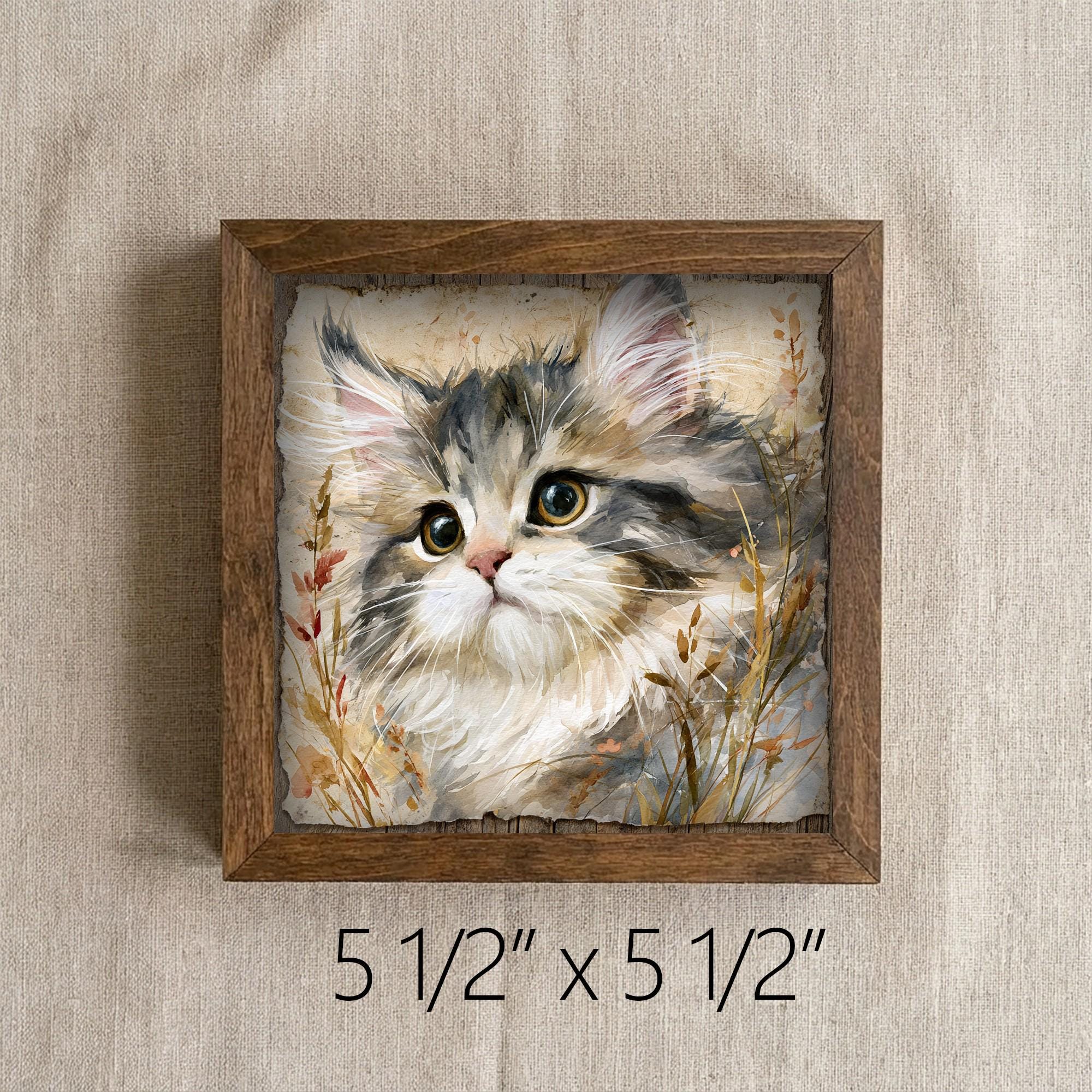 Framed Fluffy Kitten Art Print | Rustic Farmhouse Shelf Decor
