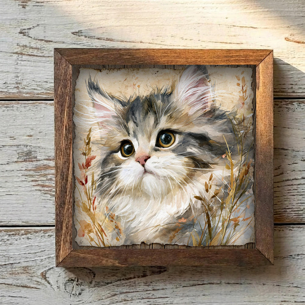 Framed Fluffy Kitten Art Print | Rustic Farmhouse Shelf Decor