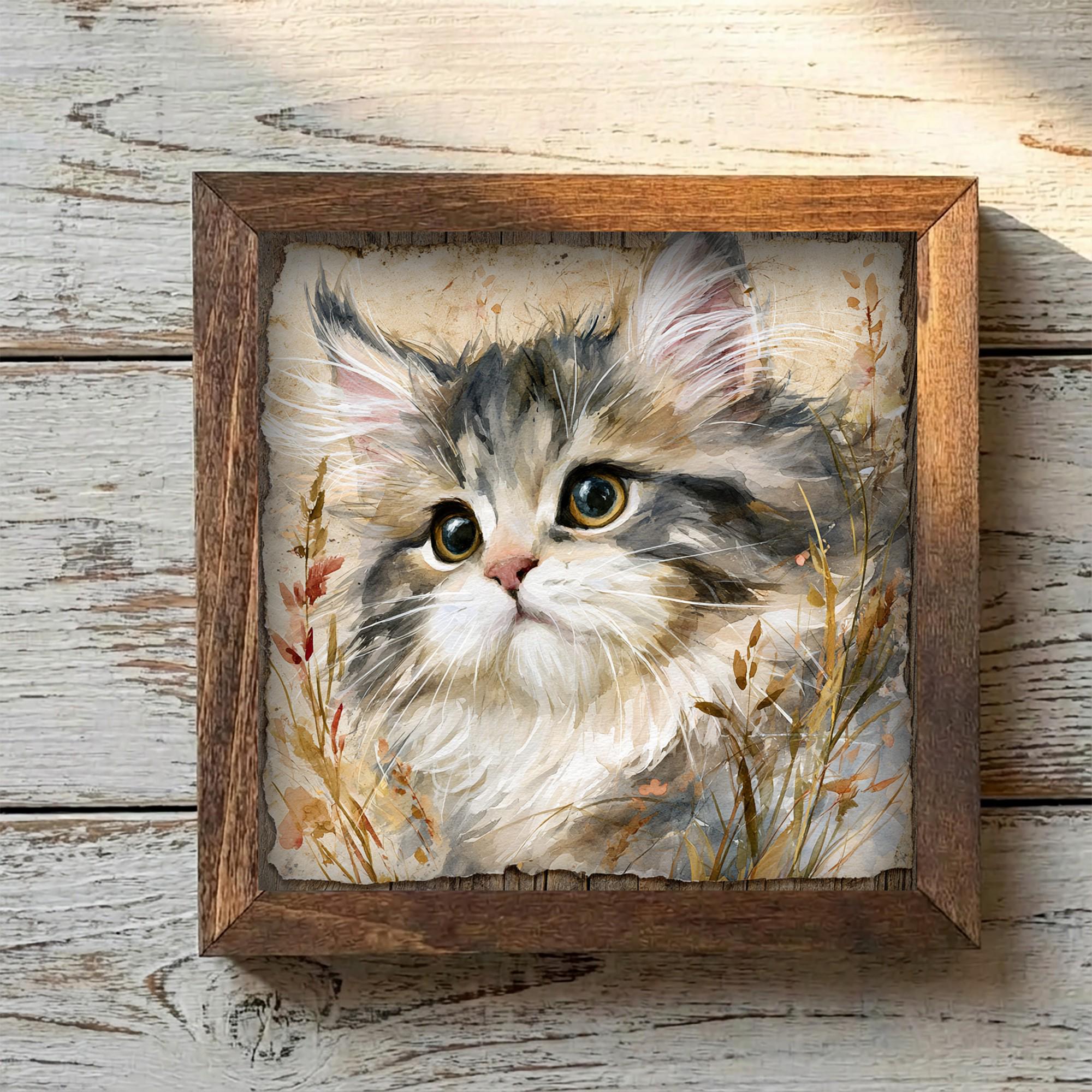 Framed Fluffy Kitten Art Print | Rustic Farmhouse Shelf Decor