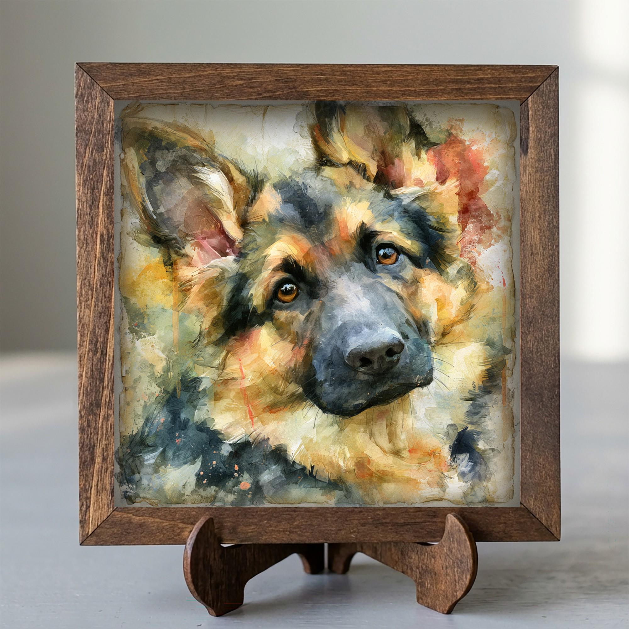 Framed German Shepherd Art Print | Rustic Farmhouse Shelf Decor