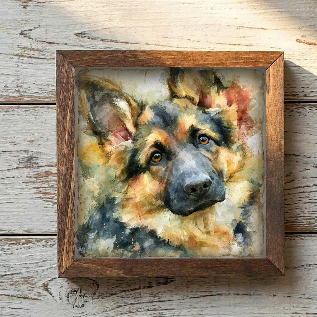 Framed German Shepherd Art Print | Rustic Farmhouse Shelf Decor
