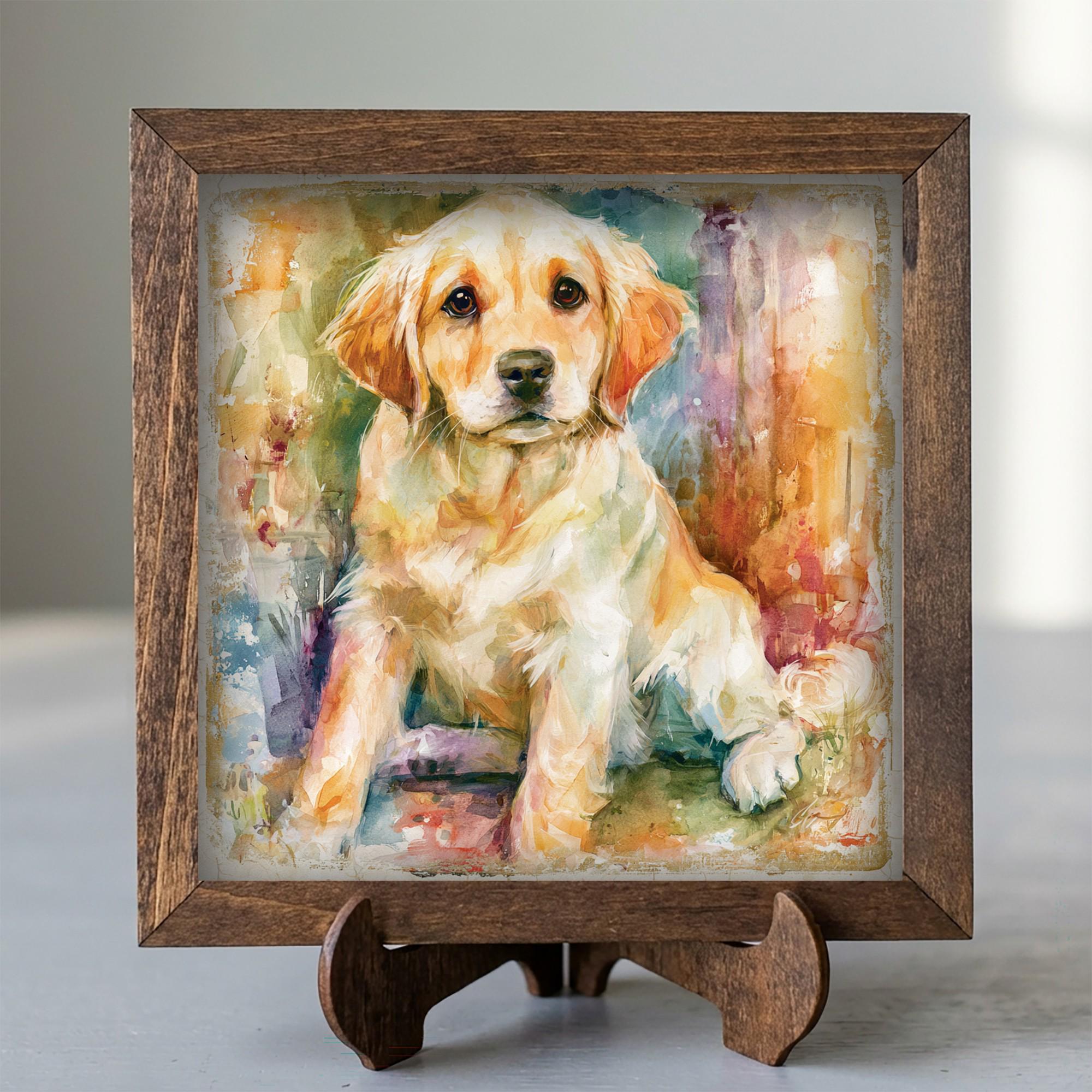 Framed Golden Retriever Puppy Art Print | Rustic Farmhouse Shelf Decor