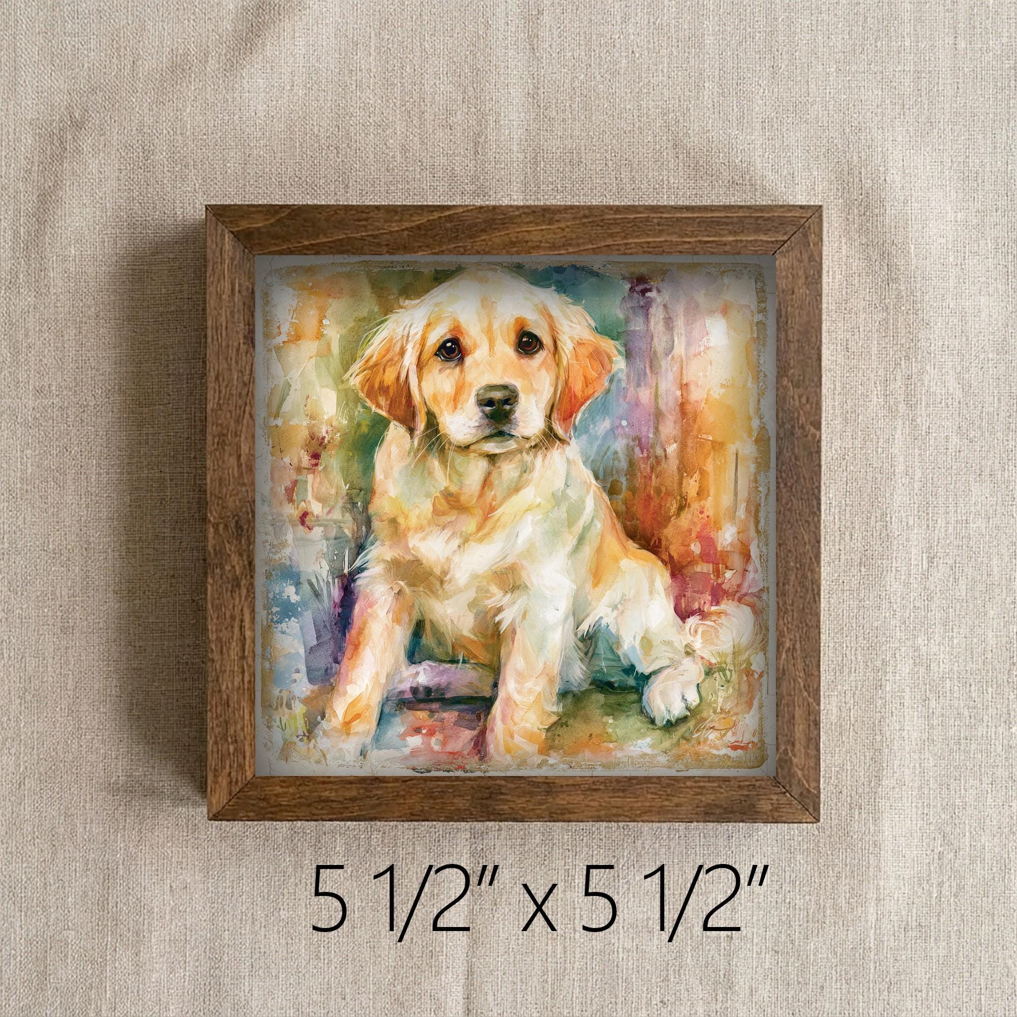 Framed Golden Retriever Puppy Art Print | Rustic Farmhouse Shelf Decor