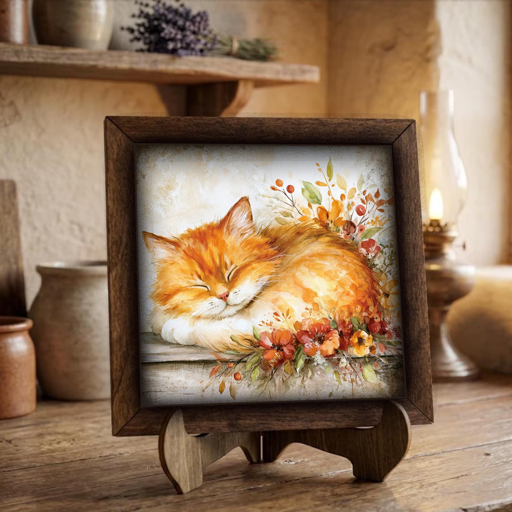 Framed Orange Cat and Flowers Art Print | Rustic Farmhouse Shelf Decor