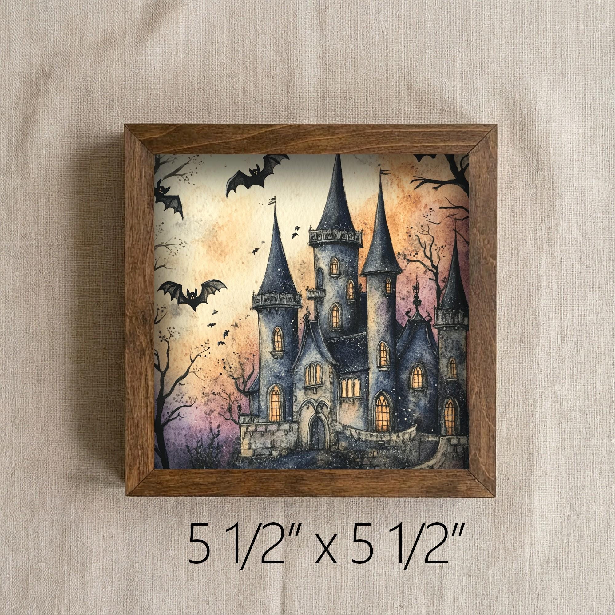 Framed Spooky Castle Art Print | Rustic Halloween Shelf Decor