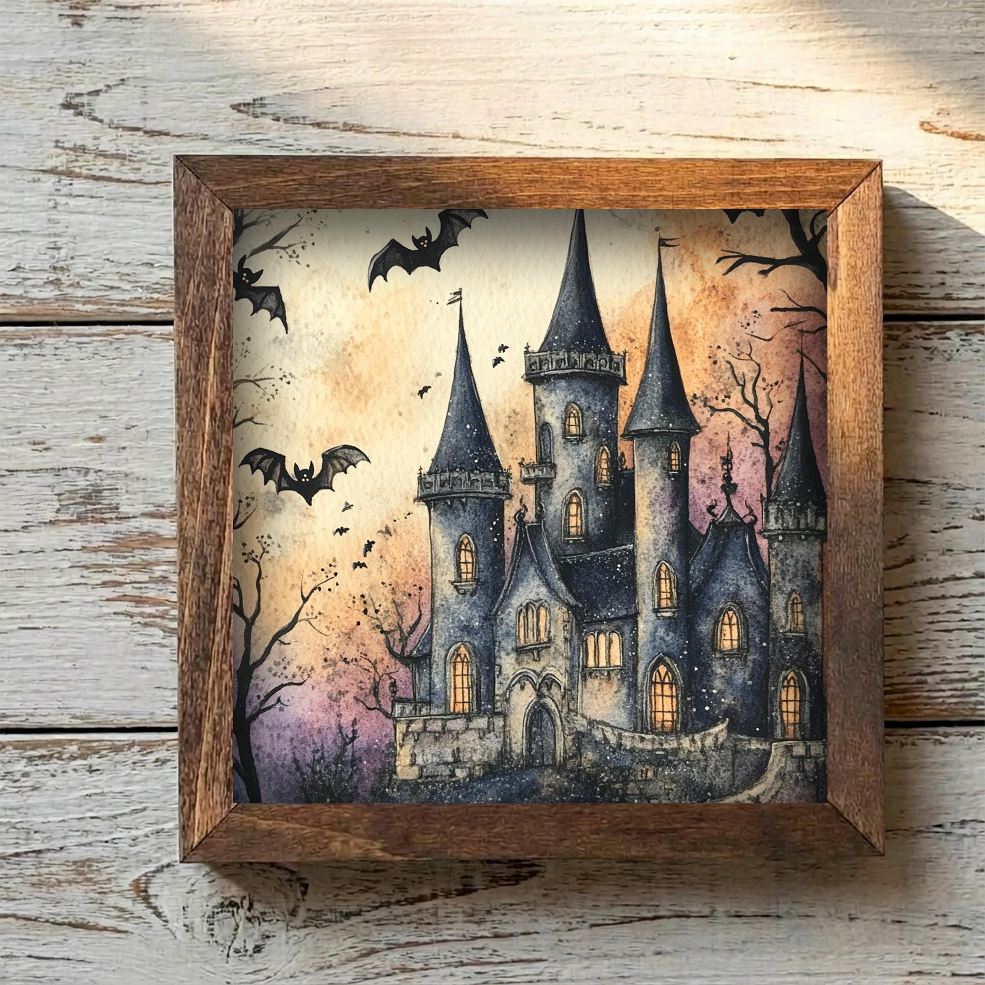 Framed Spooky Castle Art Print | Rustic Halloween Shelf Decor