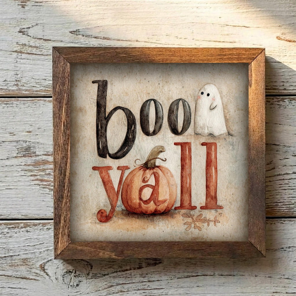 Framed Boo Y'all Ghost Art Print | Rustic Halloween Shelf Decor