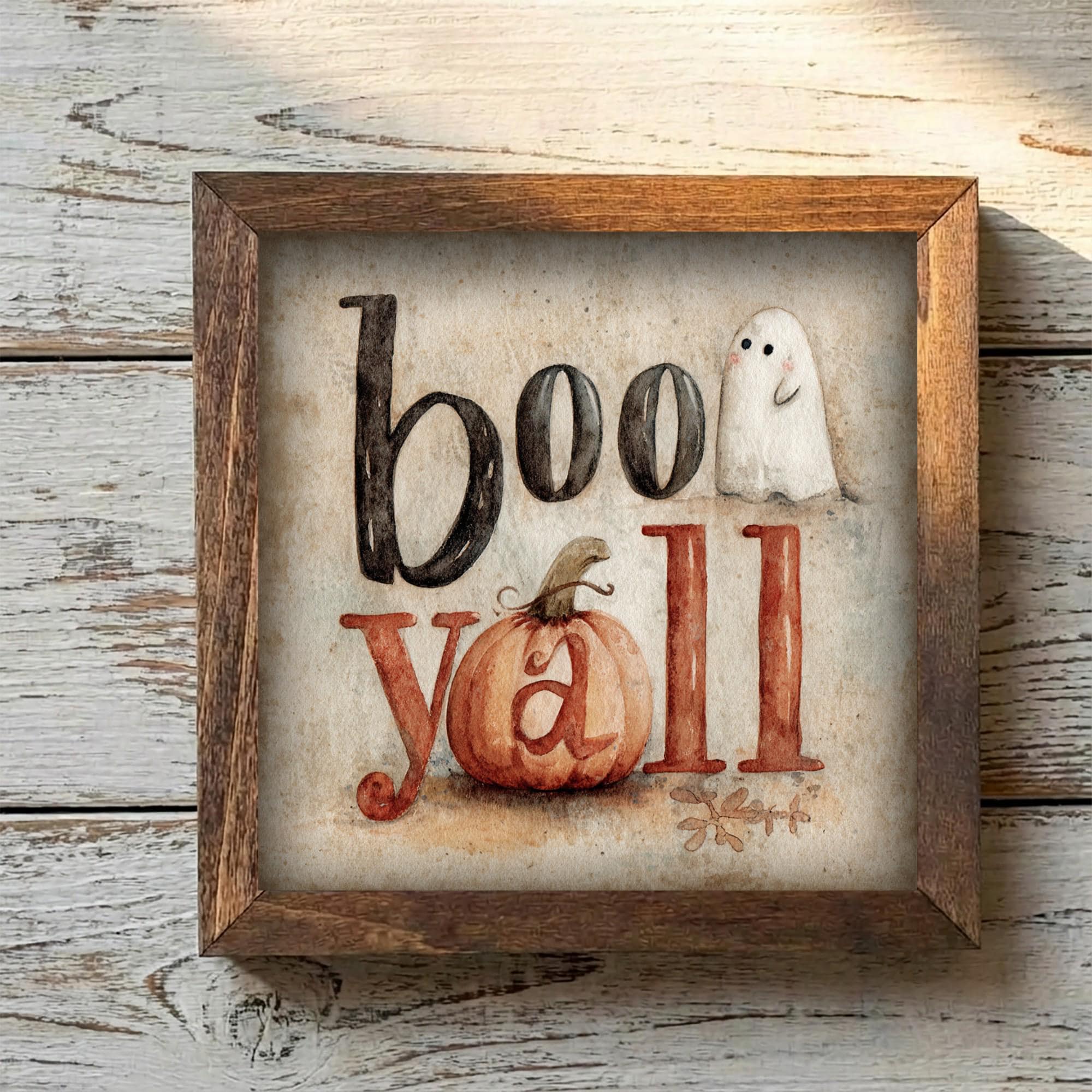 Framed Boo Y'all Ghost Art Print | Rustic Halloween Shelf Decor