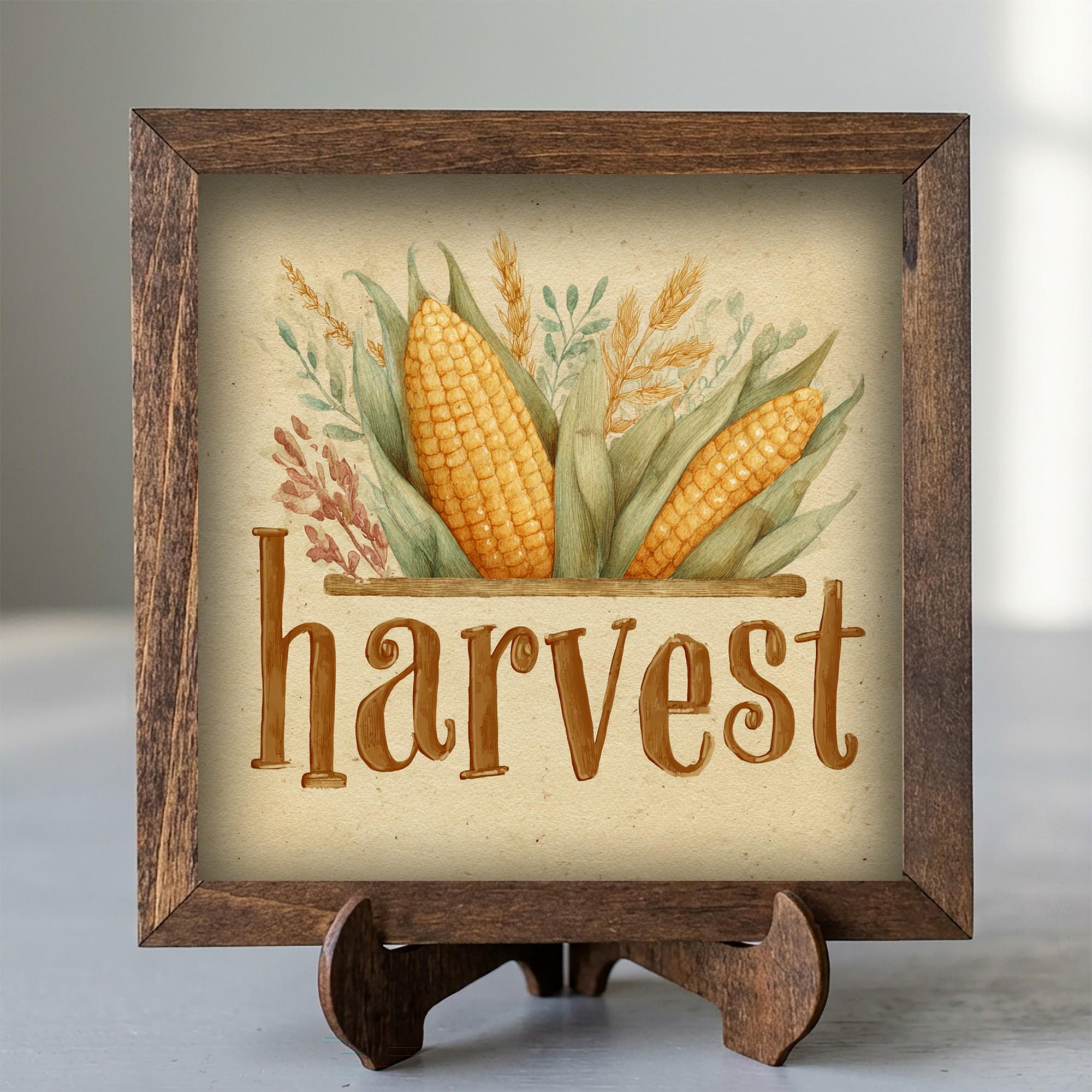 Framed Harvest Corn and Wheat Art Print | Rustic Fall Shelf Decor