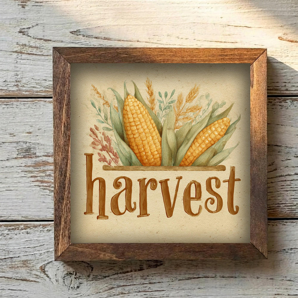 Framed Harvest Corn and Wheat Art Print | Rustic Fall Shelf Decor