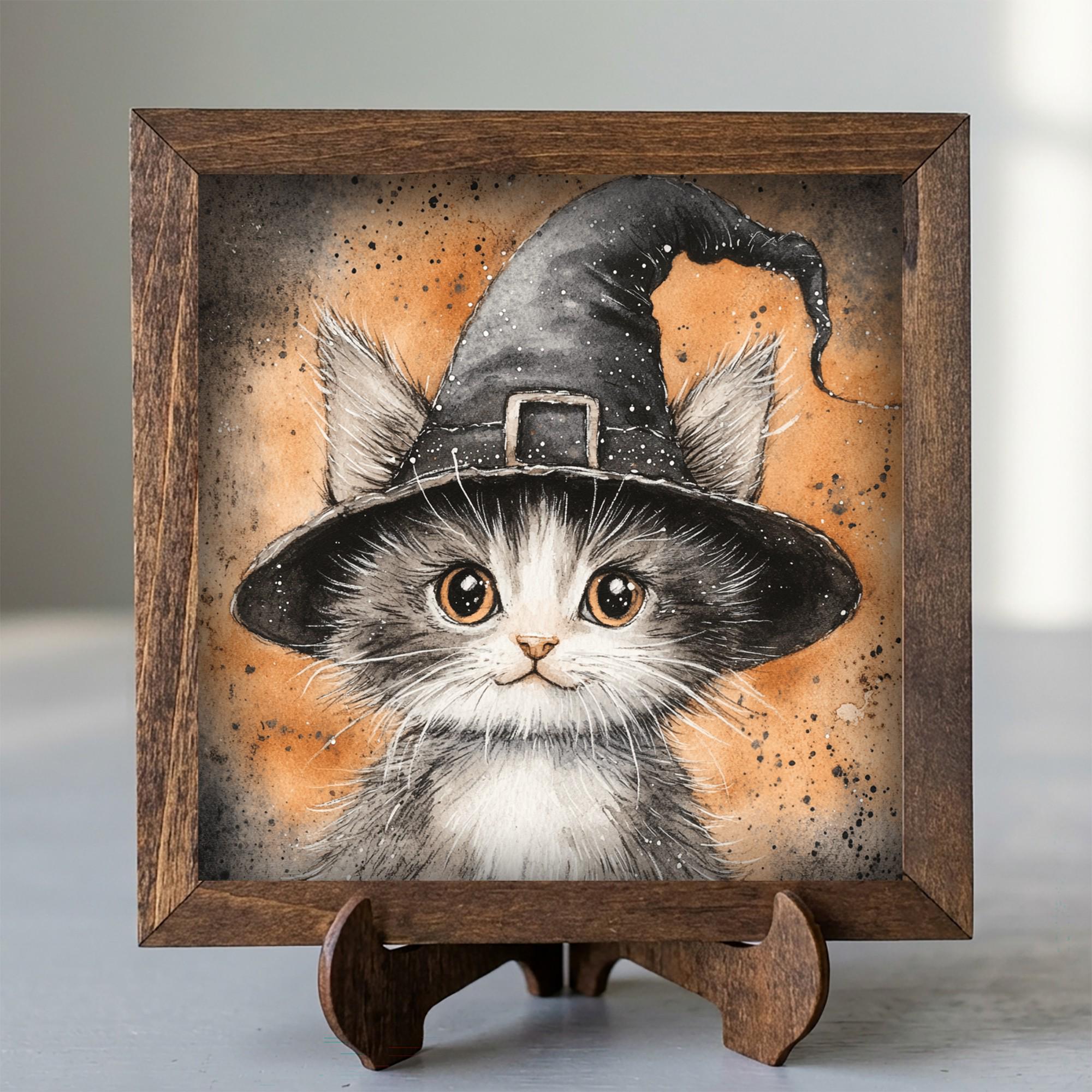 Framed Witch Cat Art Print | Rustic Halloween Farmhouse Decor