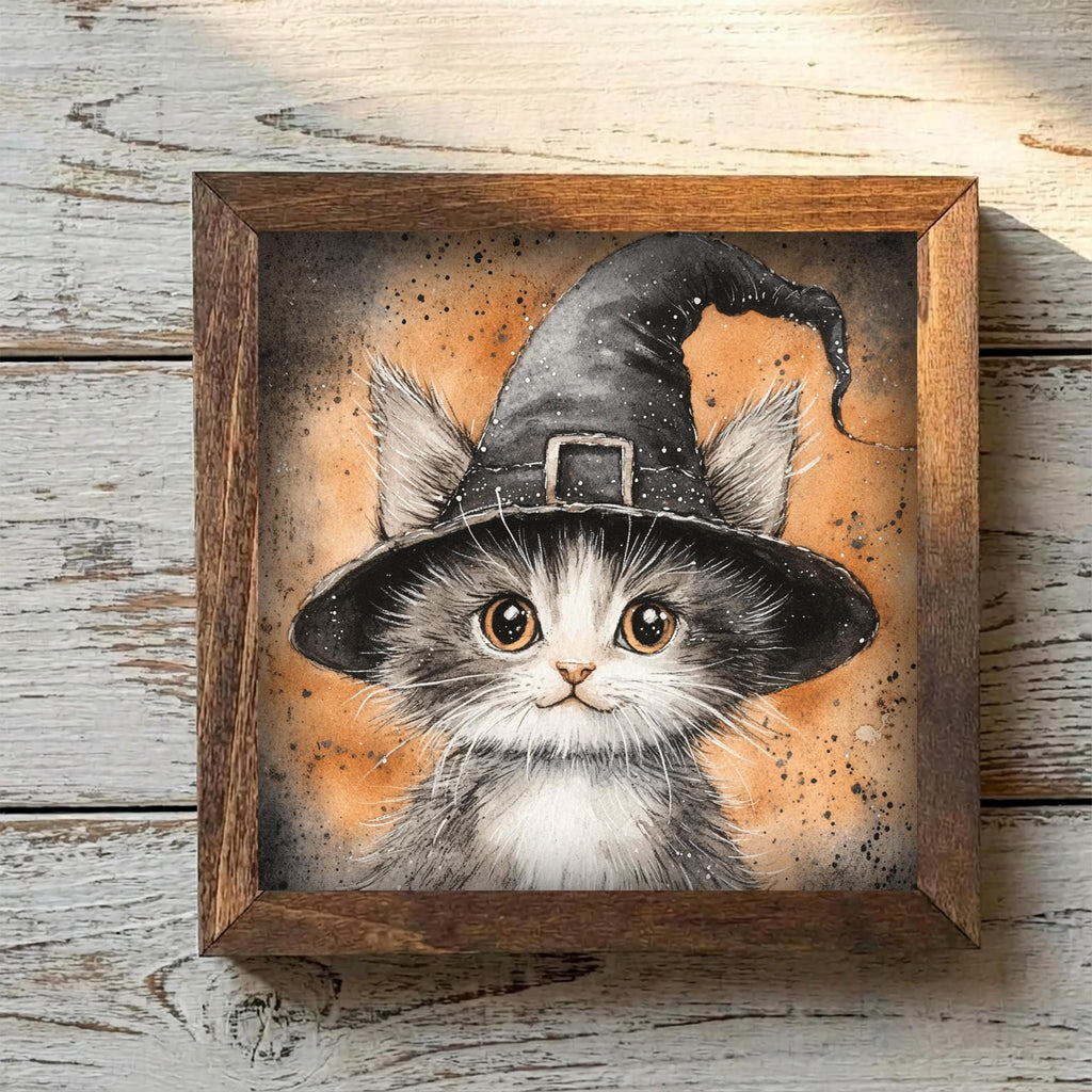 Framed Witch Cat Art Print | Rustic Halloween Farmhouse Decor
