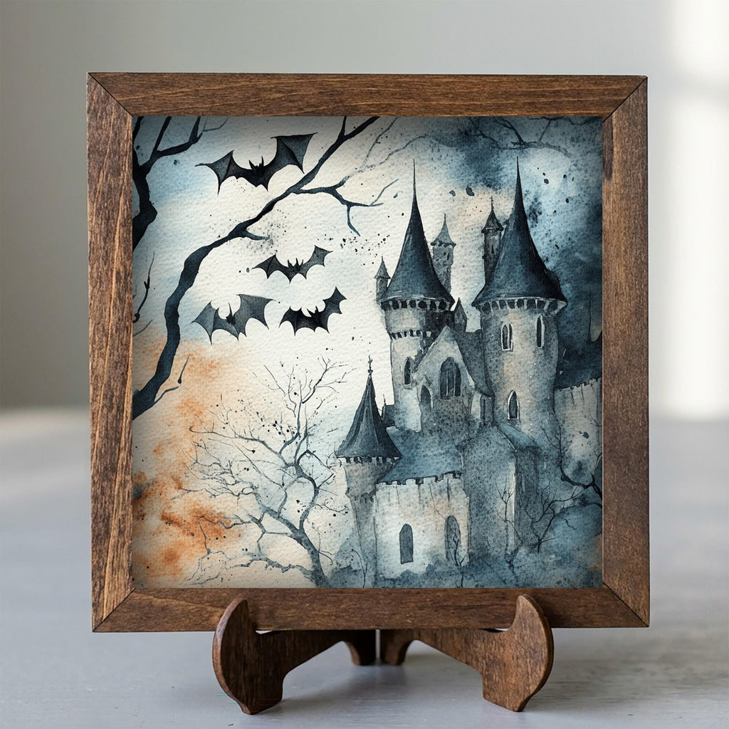 Framed Halloween Castle Art Print | Rustic Farmhouse Shelf Decor