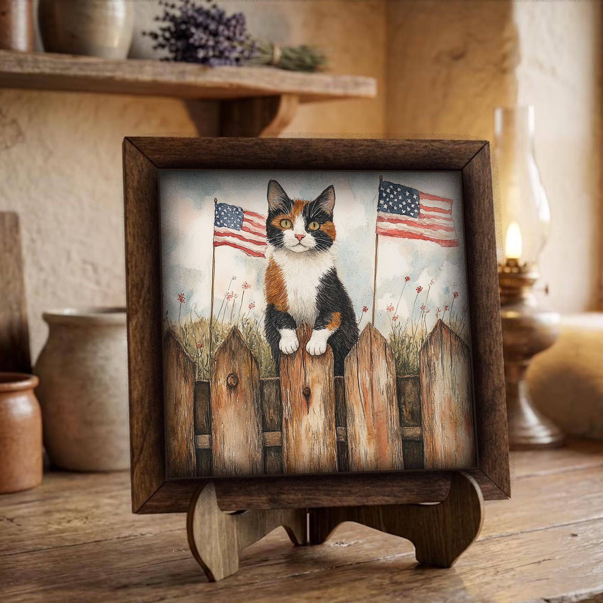 Framed Calico Cat Art Print | Rustic Farmhouse Shelf Decor