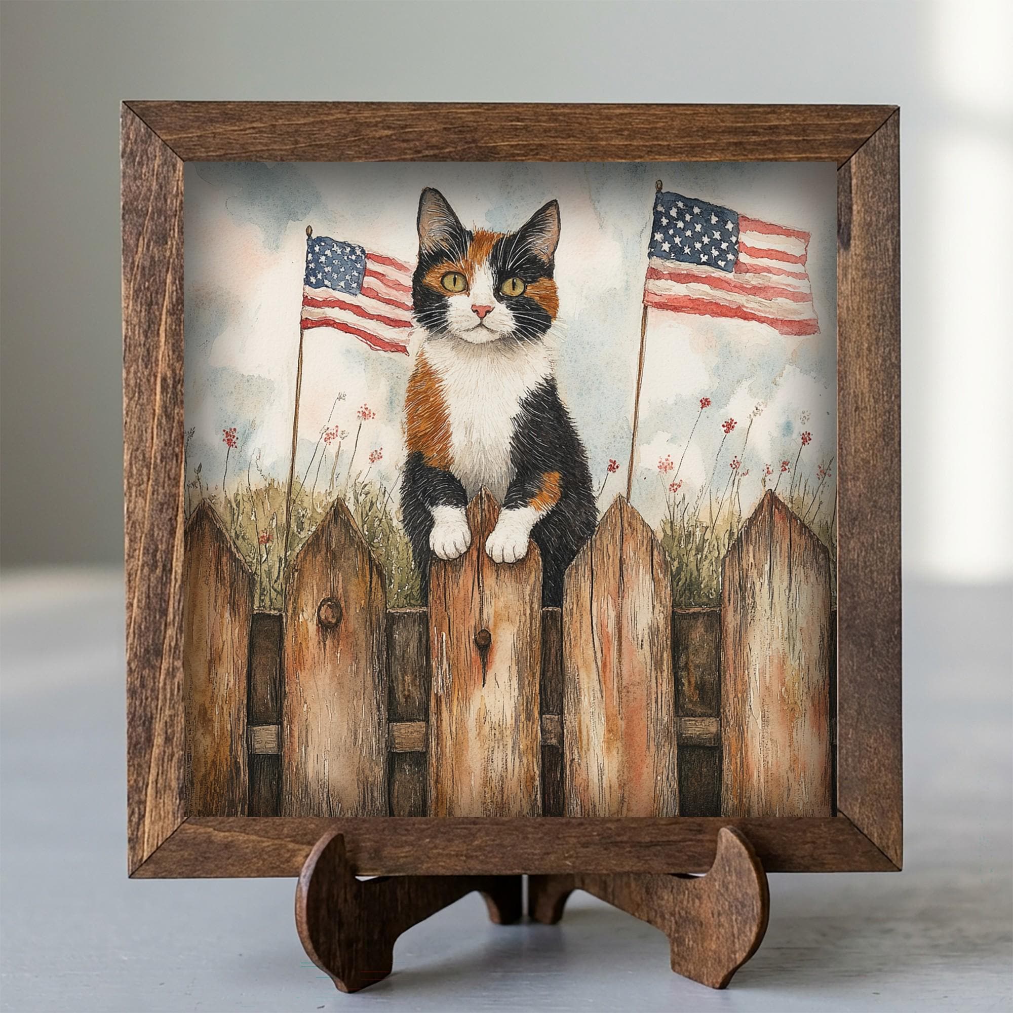 Framed Calico Cat Art Print | Rustic Farmhouse Shelf Decor