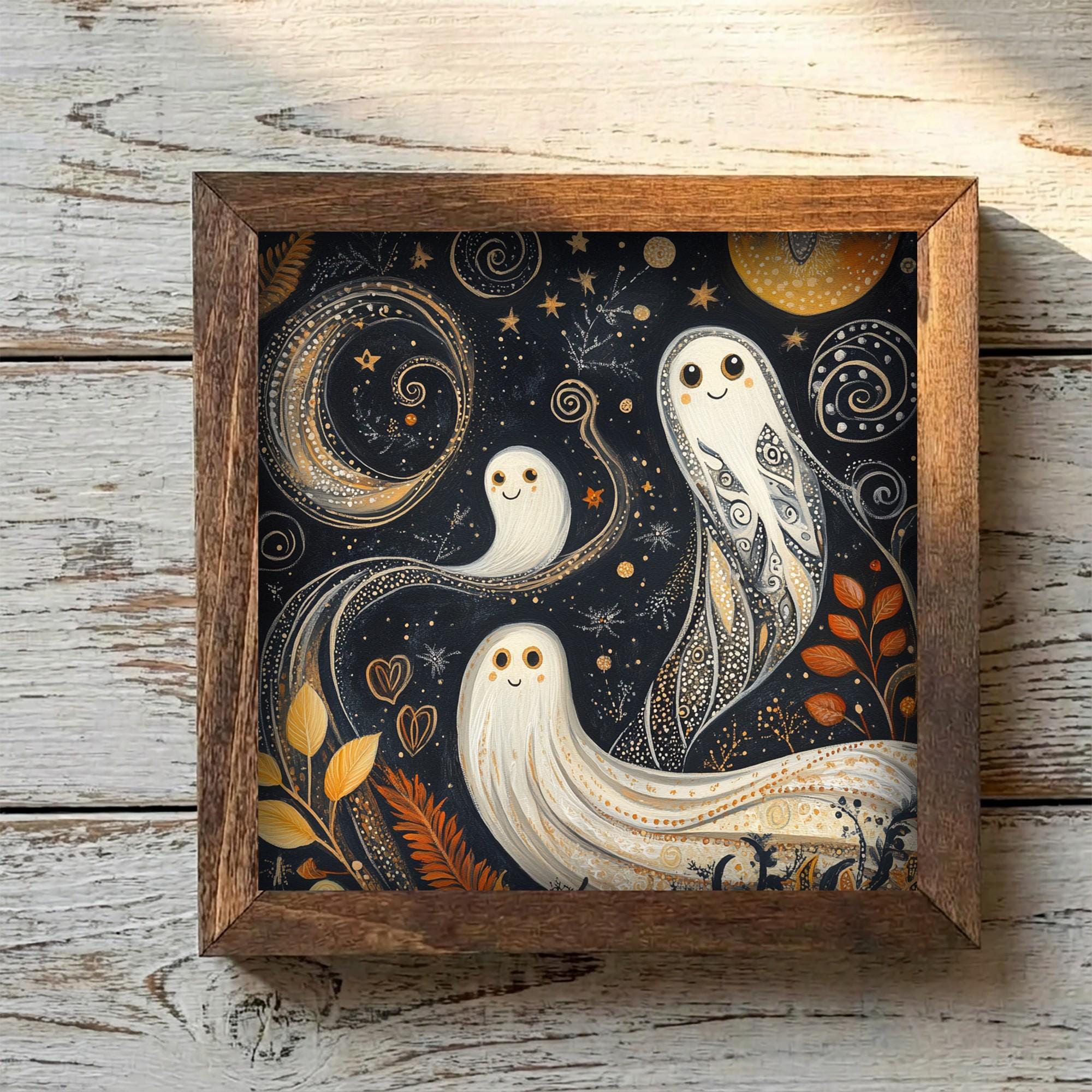 Framed Folk Art Ghost Print | Rustic Fall Halloween Decor