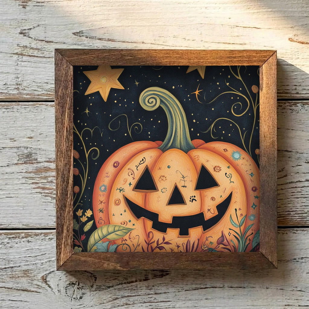 Framed Pumpkin Art Print | Rustic Fall Shelf Decor (Easel Included)