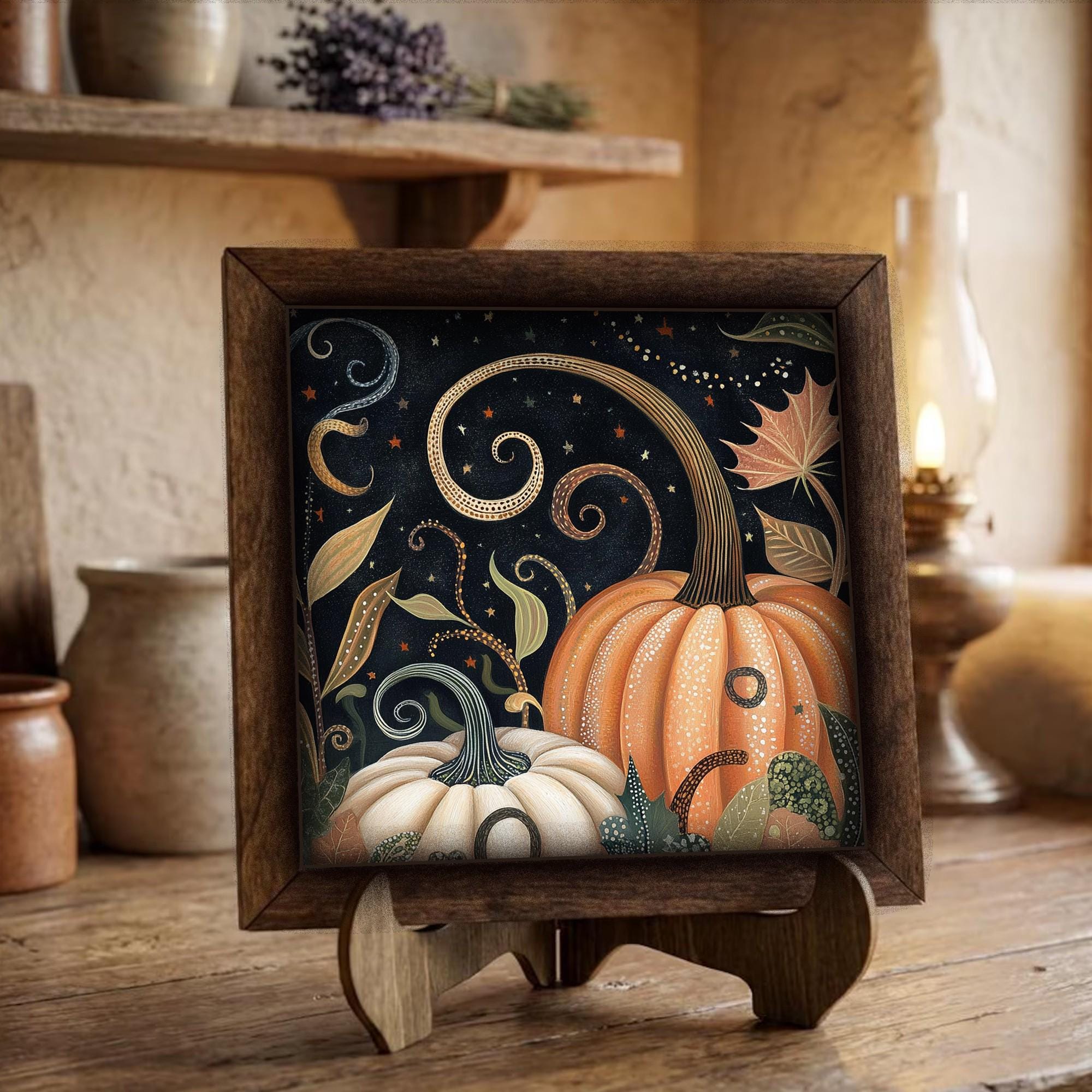Framed Fall Pumpkin Art Print | Rustic Farmhouse Shelf Decor