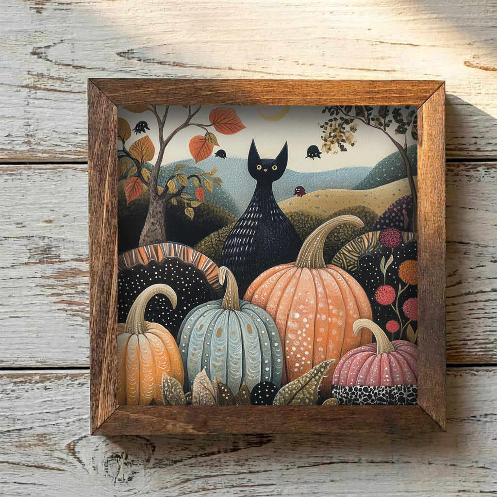 Framed Black Cat and Pumpkins Art Print | Rustic Fall Halloween Decor