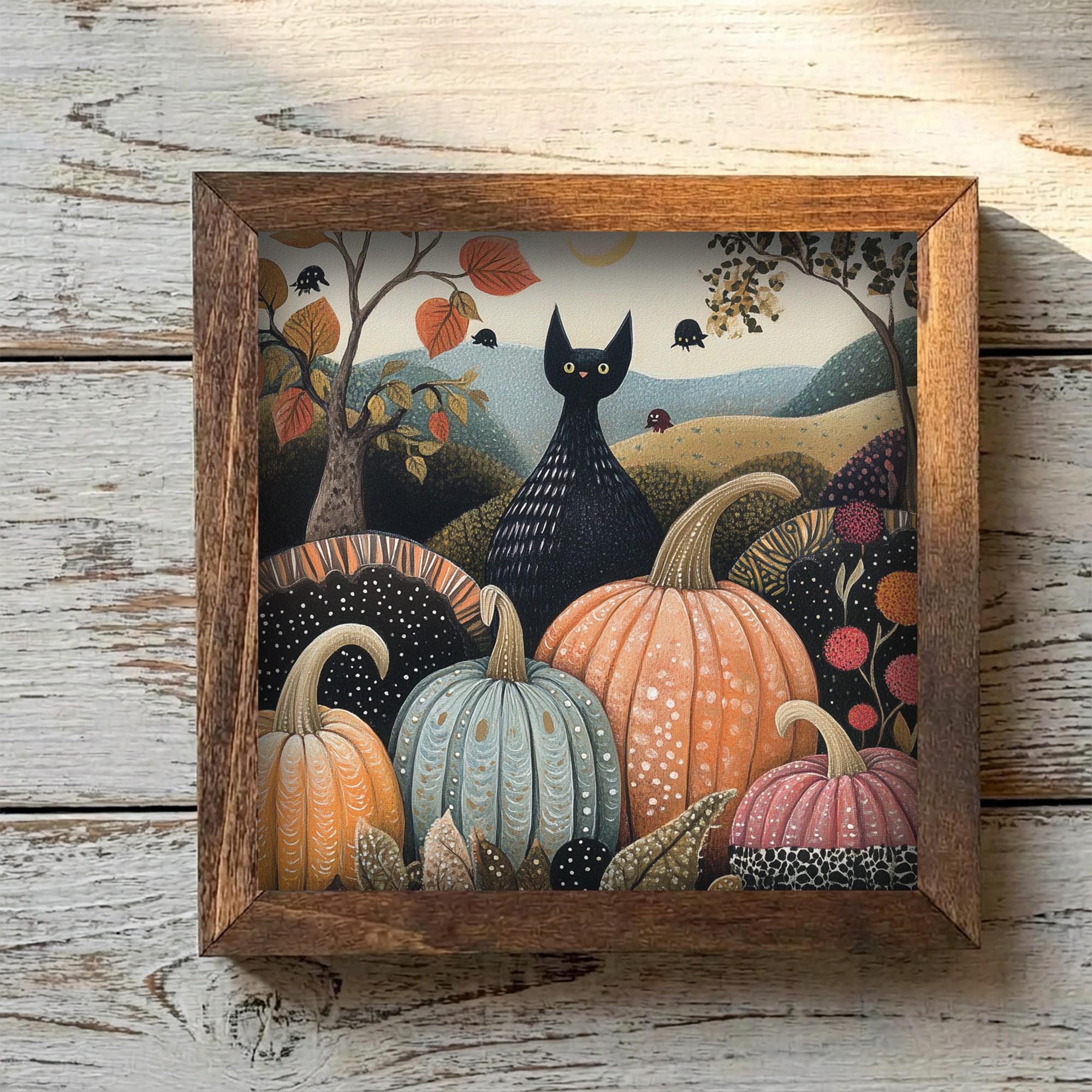 Framed Black Cat and Pumpkins Art Print | Rustic Fall Halloween Decor