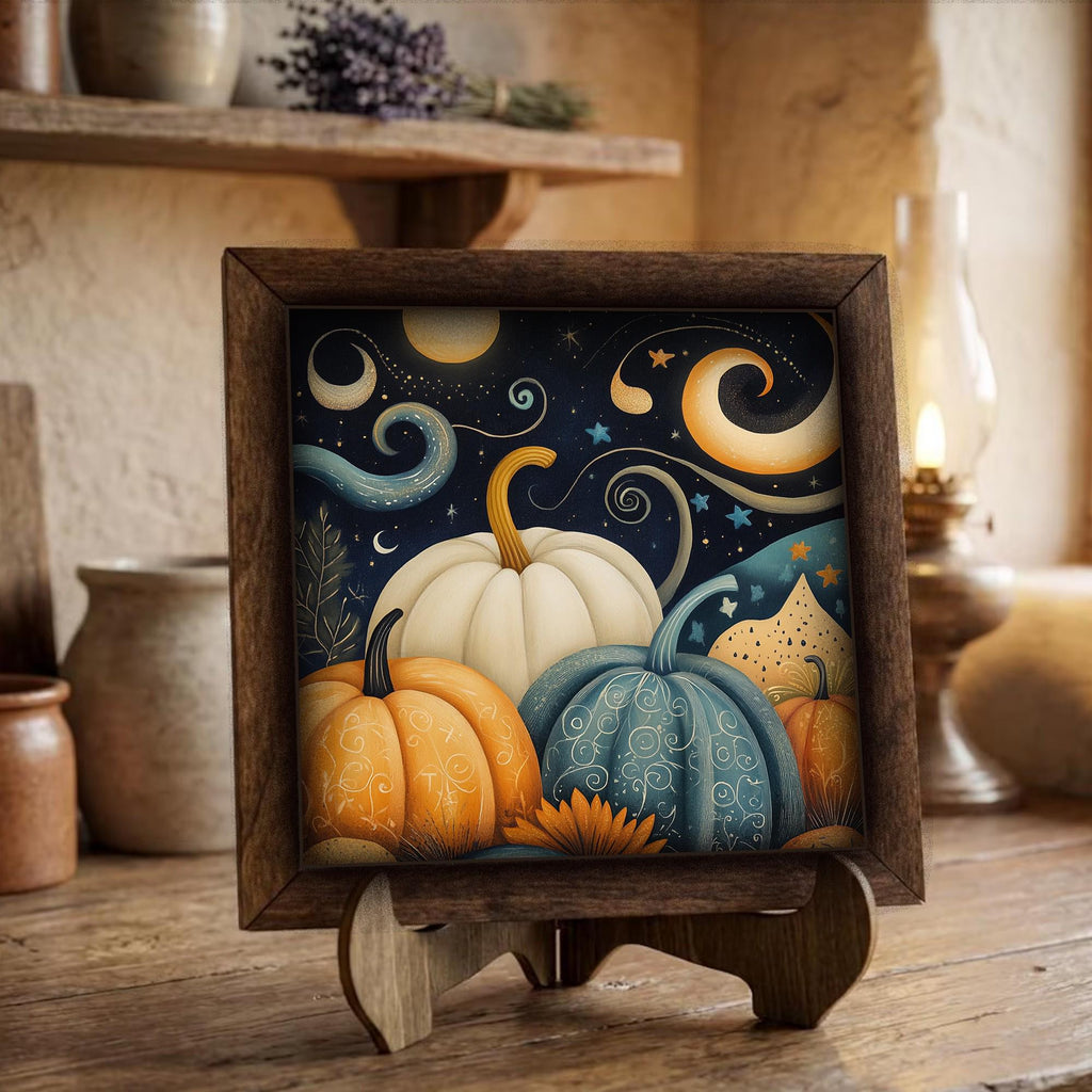 Framed Pumpkin Night Sky Art Print | Rustic Fall Farmhouse Decor