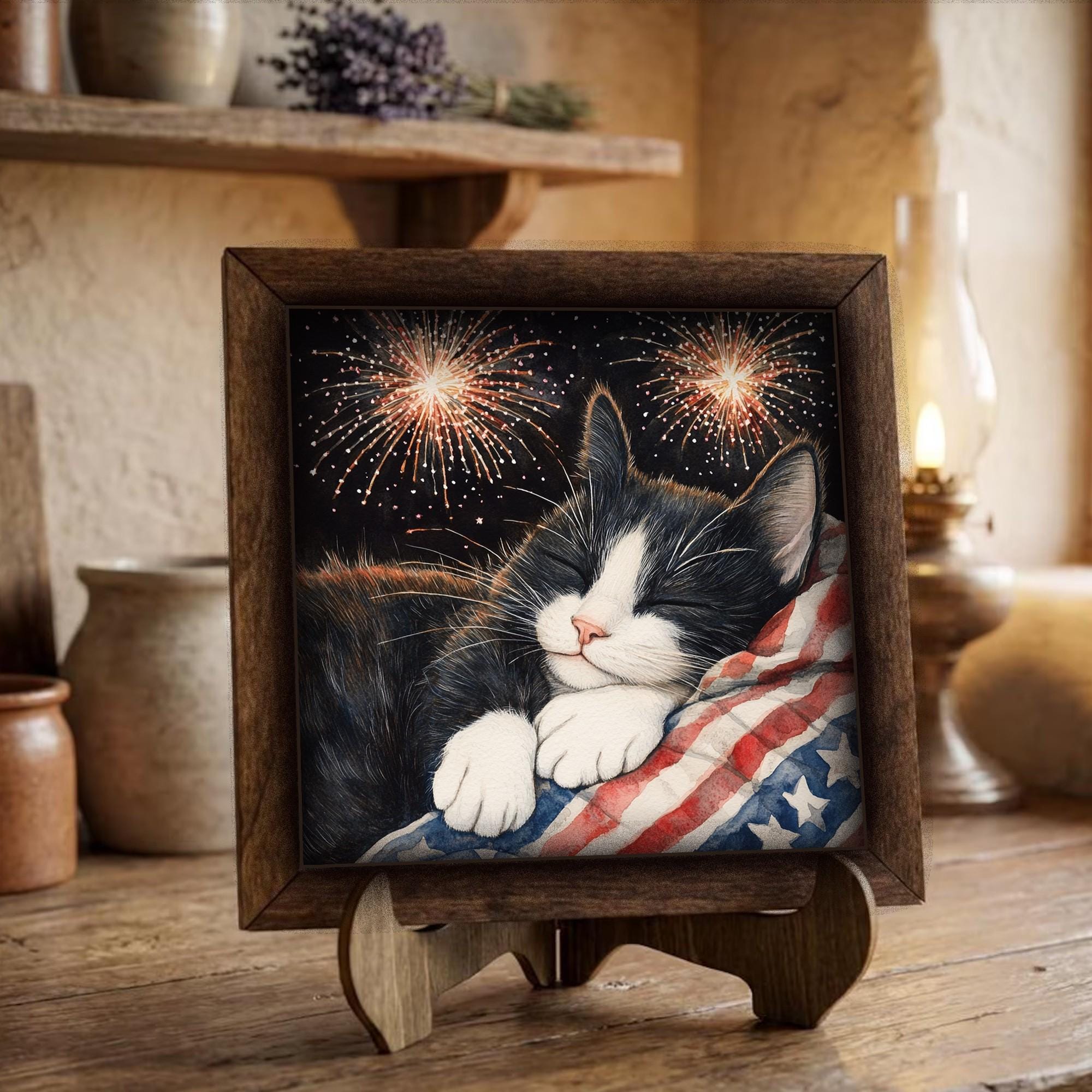Framed Patriotic Cat Art Print | Rustic Farmhouse Shelf Decor