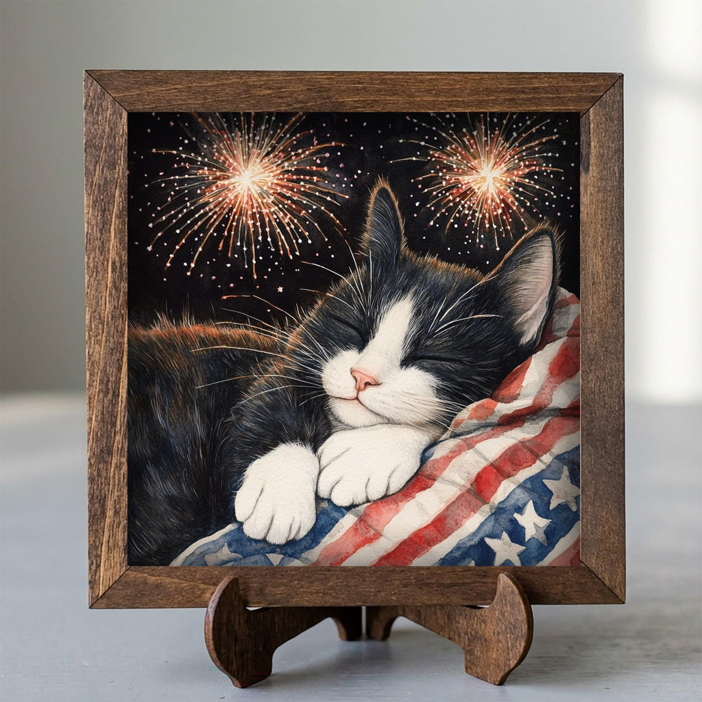 Framed Patriotic Cat Art Print | Rustic Farmhouse Shelf Decor
