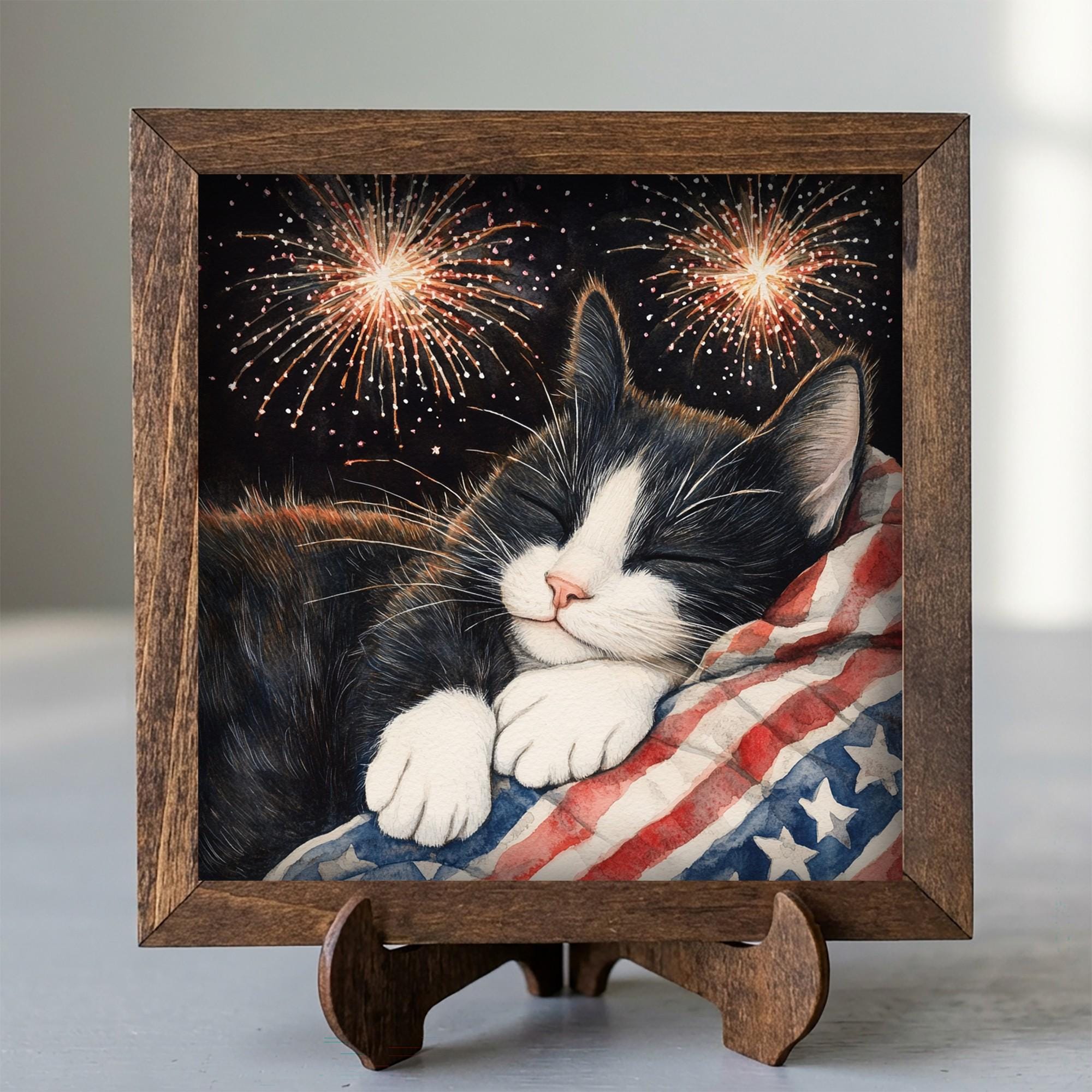 Framed Patriotic Cat Art Print | Rustic Farmhouse Shelf Decor