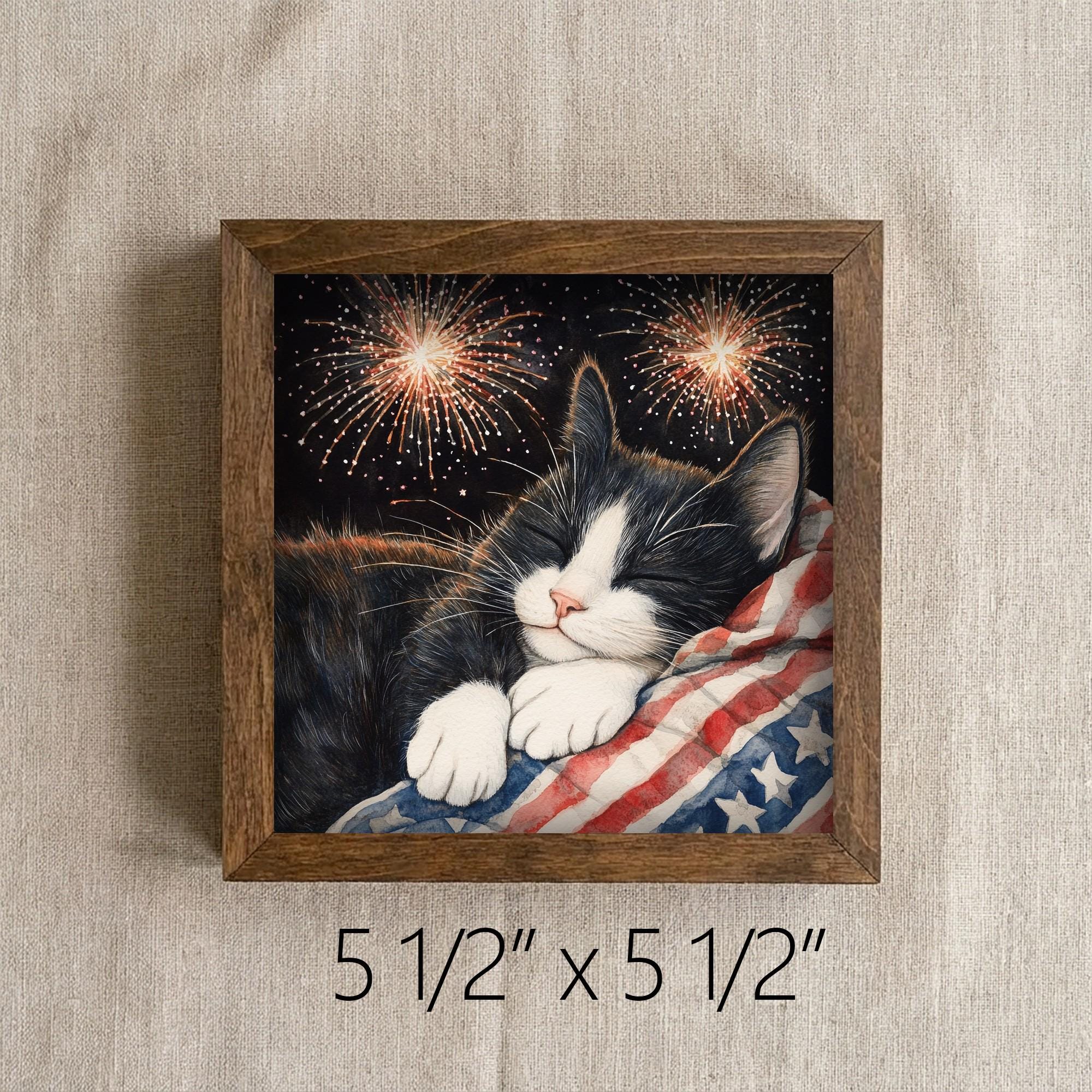 Framed Patriotic Cat Art Print | Rustic Farmhouse Shelf Decor