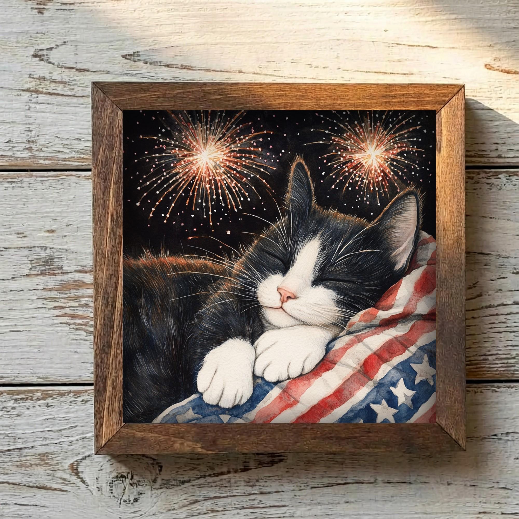Framed Patriotic Cat Art Print | Rustic Farmhouse Shelf Decor