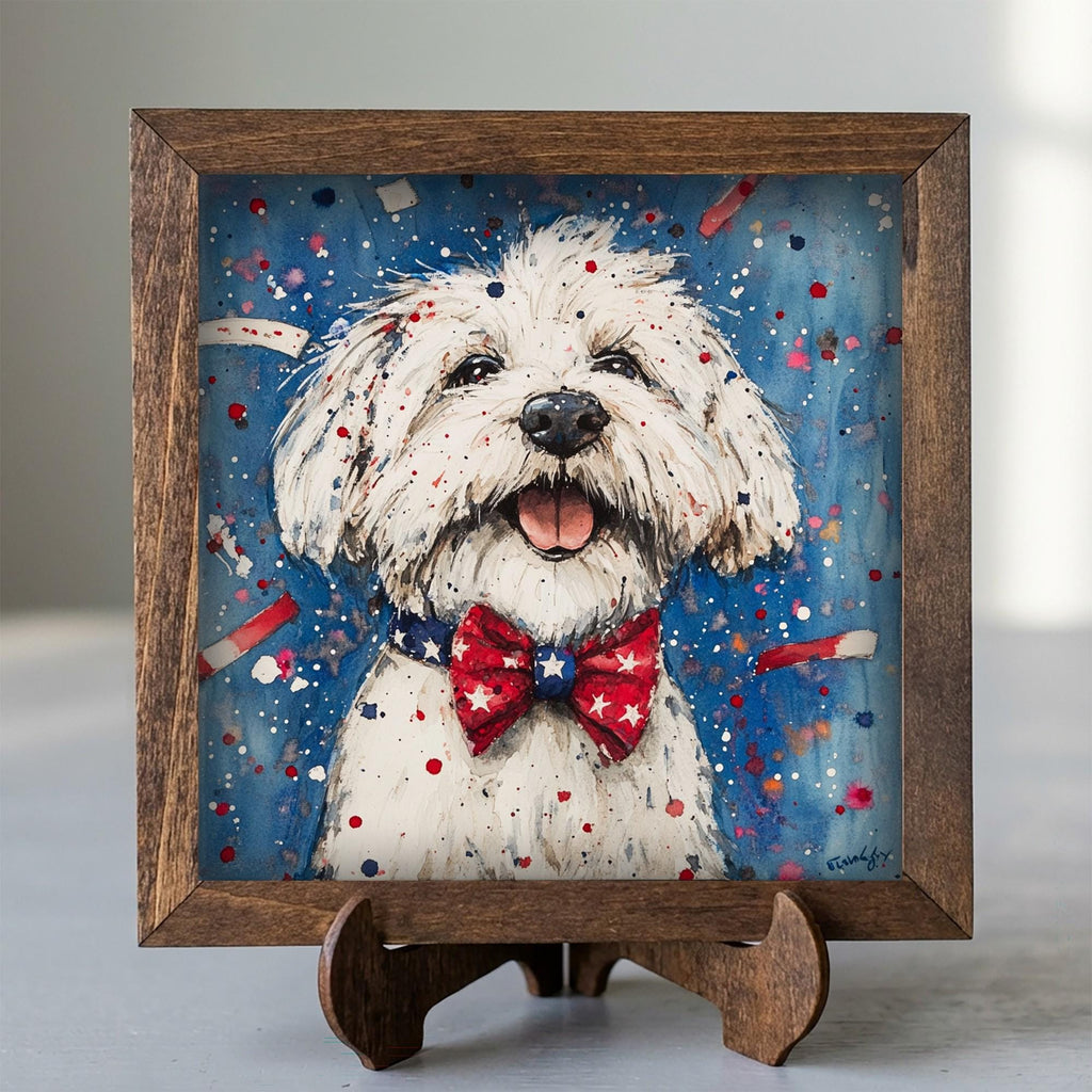 Framed Patriotic Dog Art Print | Rustic Farmhouse Shelf Decor