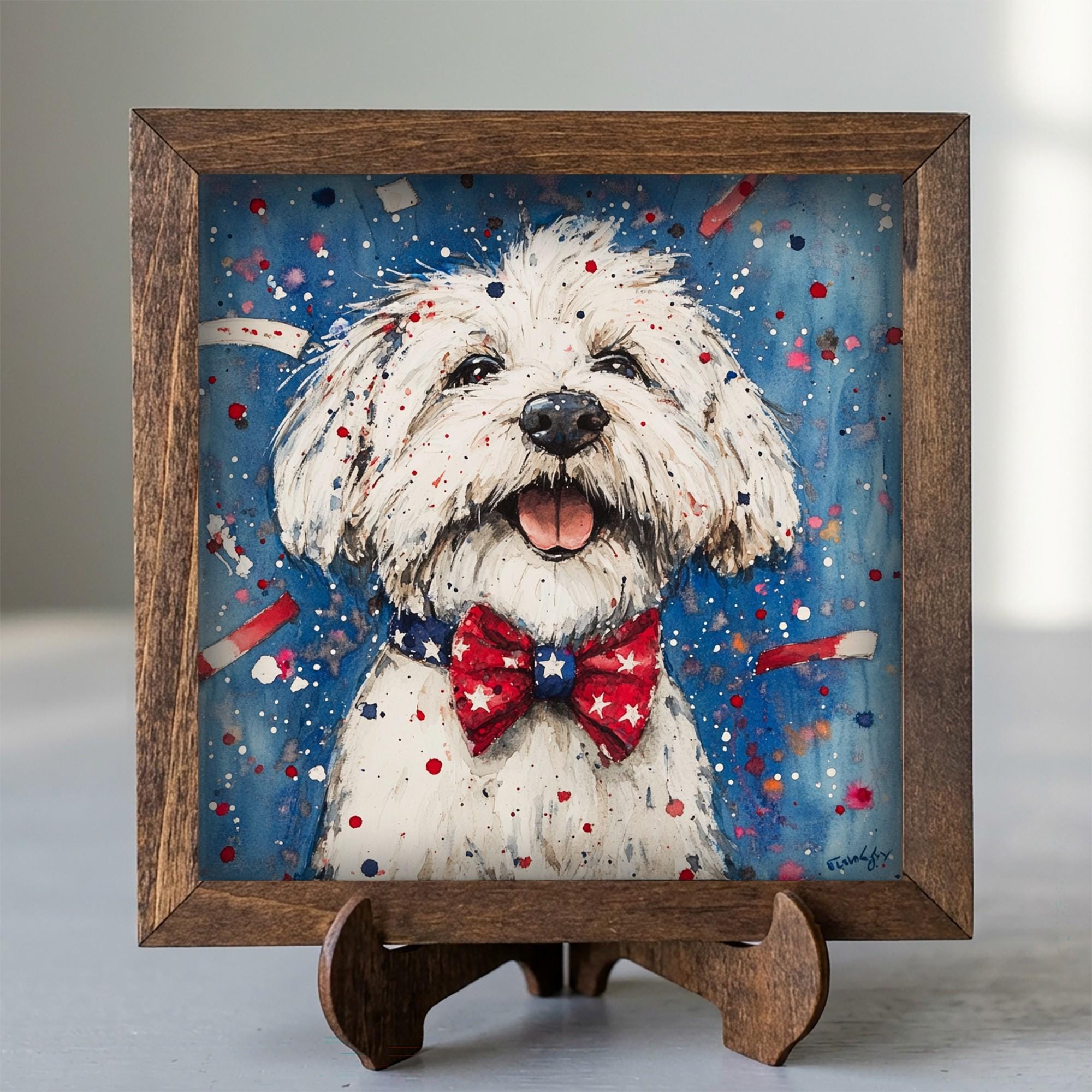 Framed Patriotic Dog Art Print | Rustic Farmhouse Shelf Decor