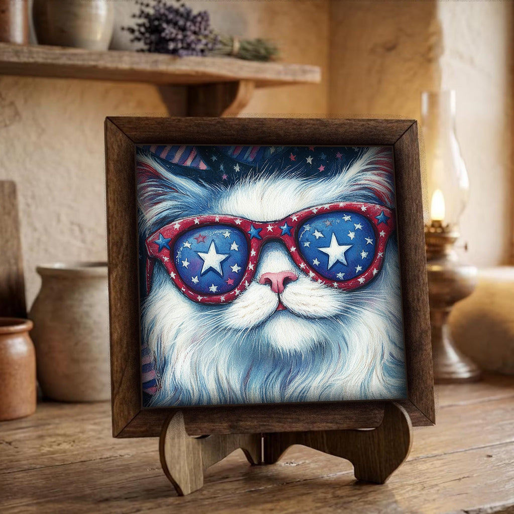 Framed Patriotic Cat Art Print | Rustic Farmhouse Shelf Decor