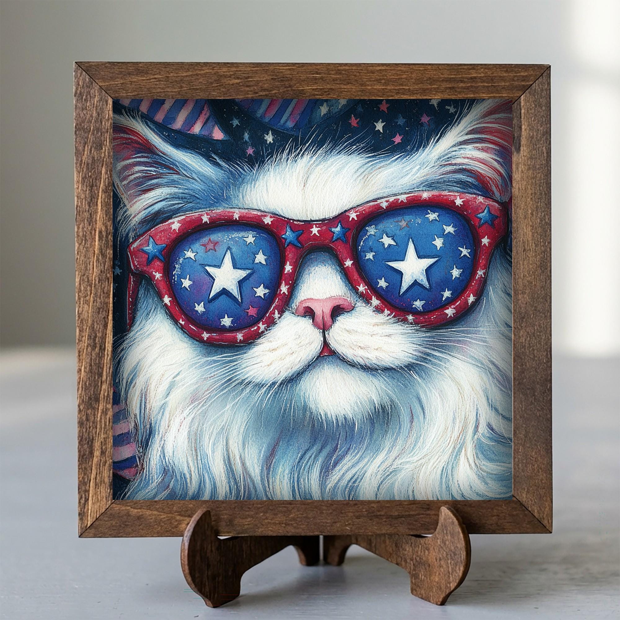 Framed Patriotic Cat Art Print | Rustic Farmhouse Shelf Decor