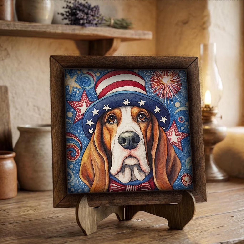 Framed Patriotic Dog Art Print | Rustic Farmhouse Shelf Decor
