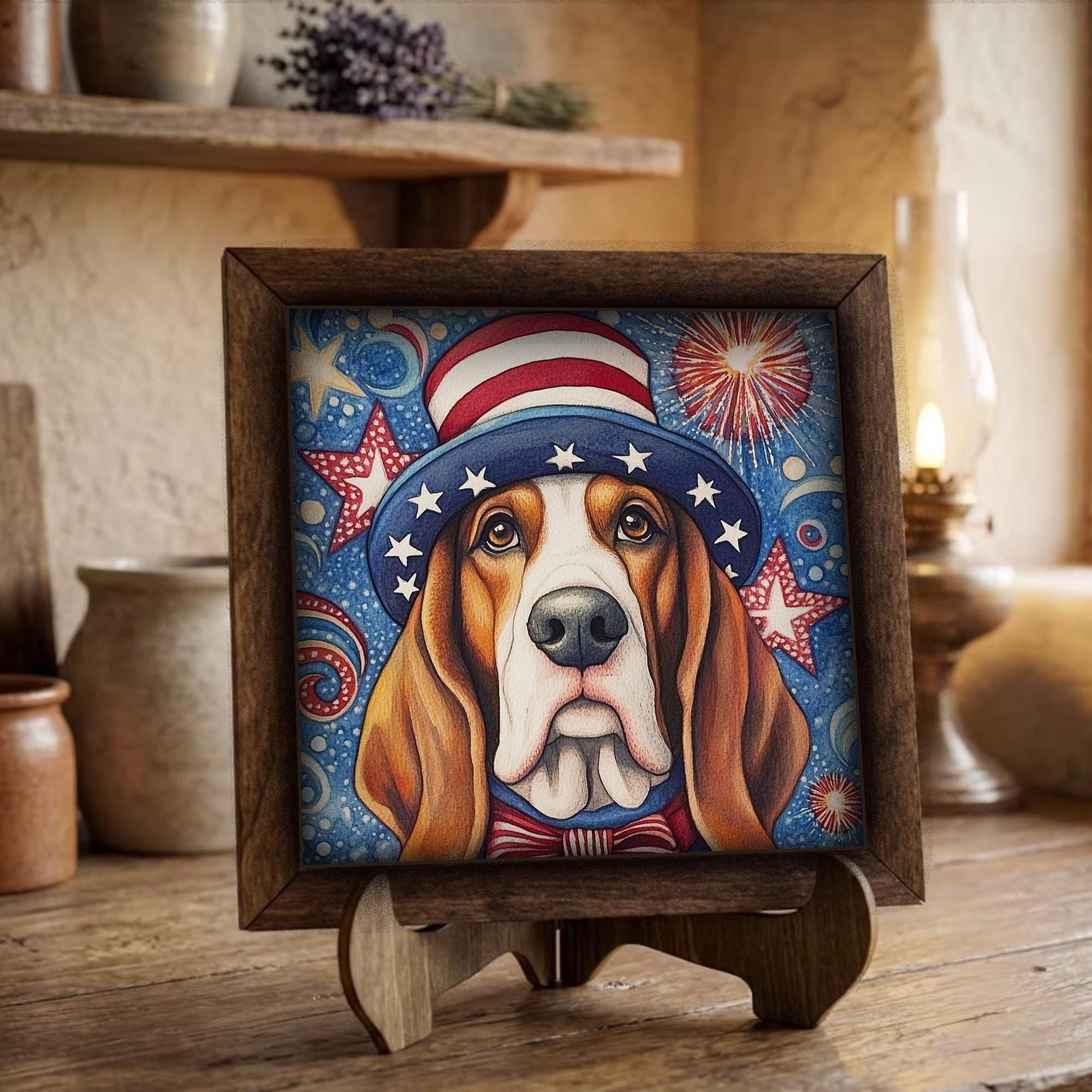 Framed Patriotic Dog Art Print | Rustic Farmhouse Shelf Decor
