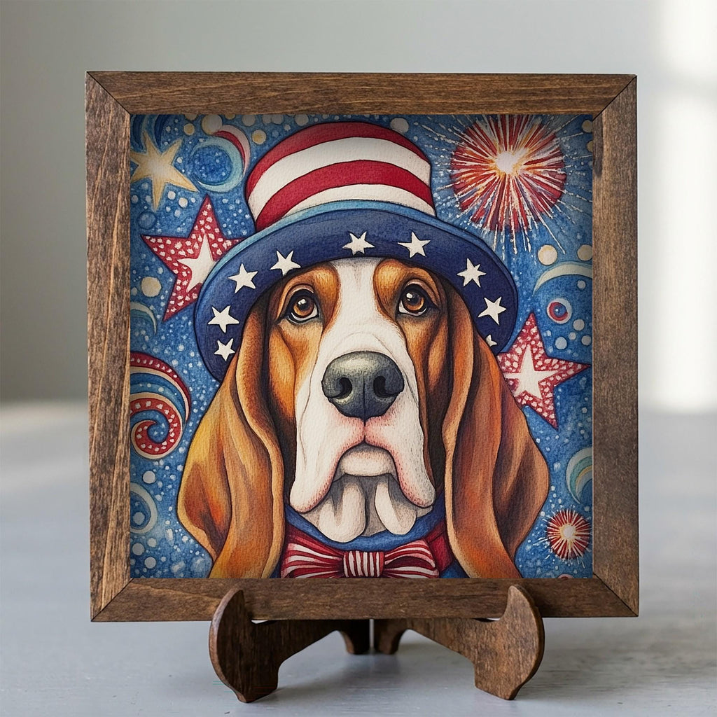 Framed Patriotic Dog Art Print | Rustic Farmhouse Shelf Decor