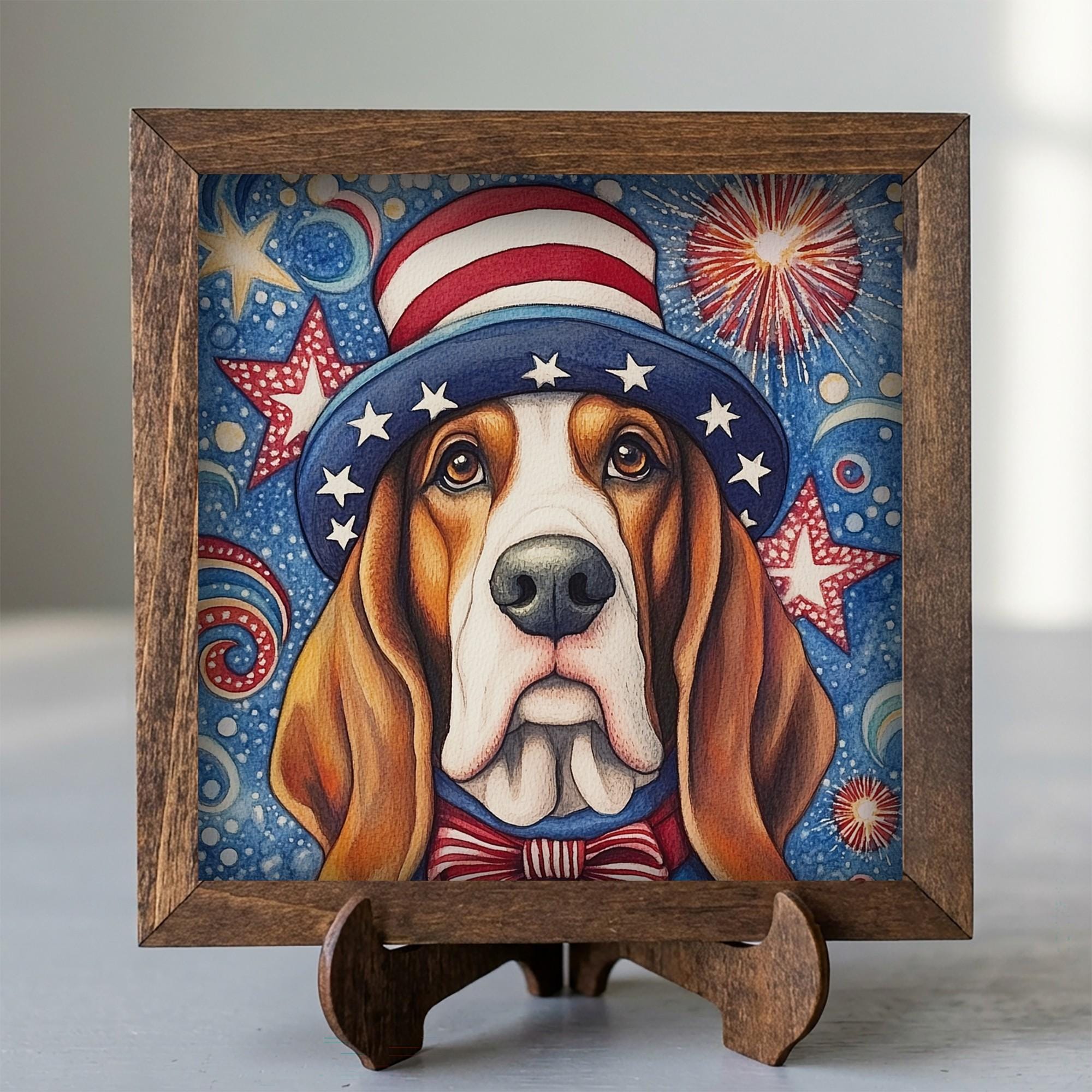 Framed Patriotic Dog Art Print | Rustic Farmhouse Shelf Decor