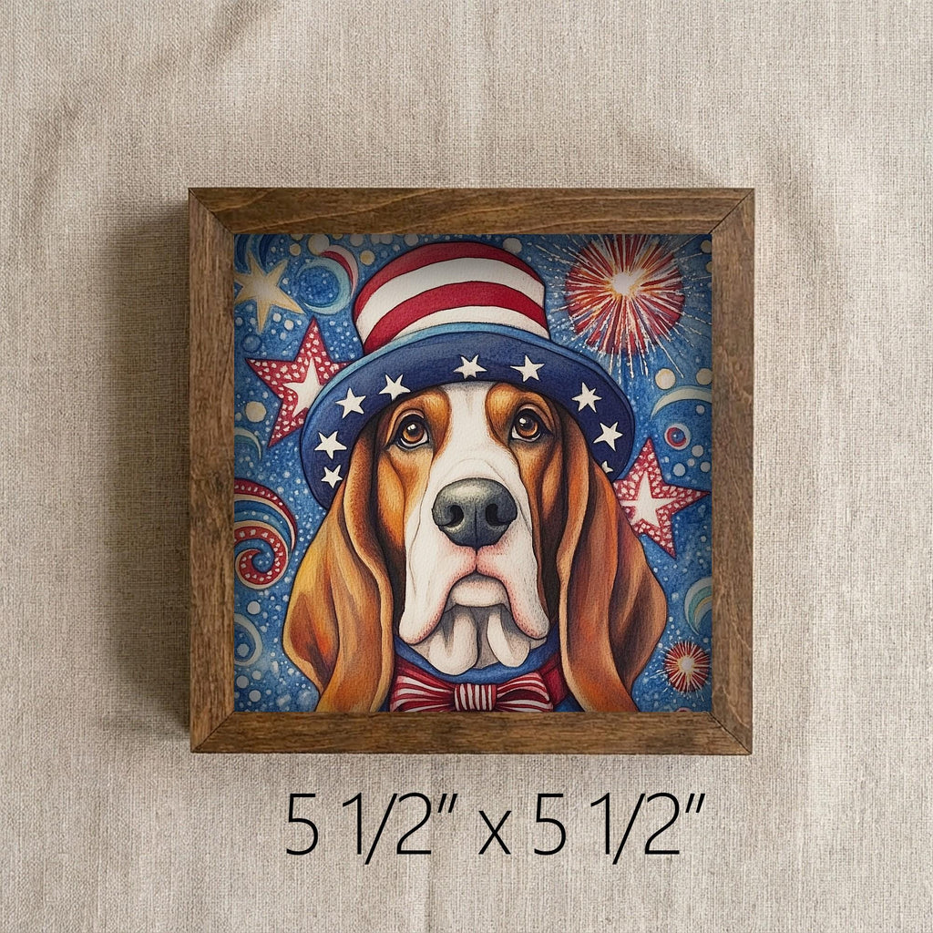 Framed Patriotic Dog Art Print | Rustic Farmhouse Shelf Decor