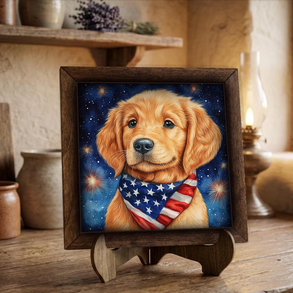 Framed Golden Retriever Art Print | Patriotic Farmhouse Shelf Decor