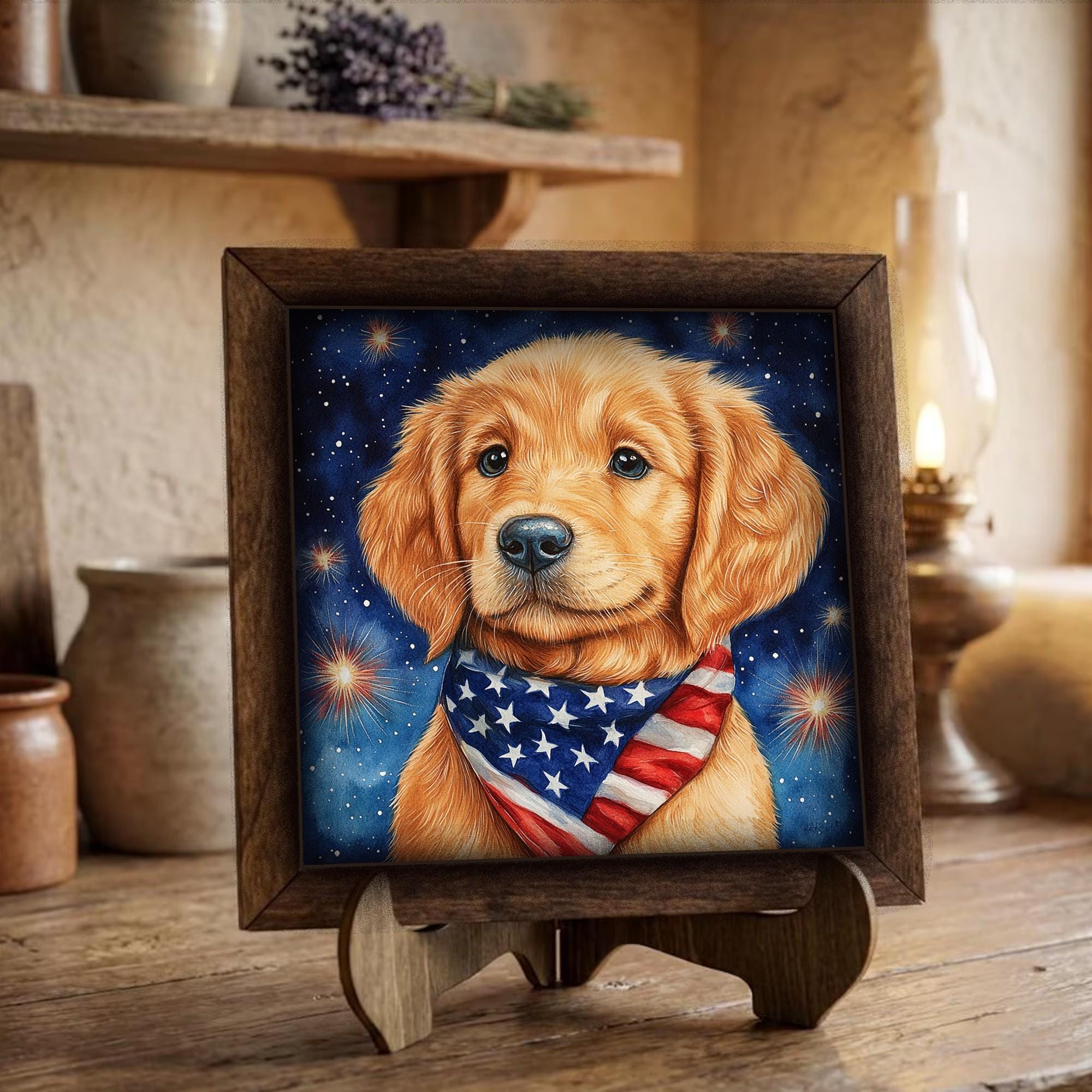 Framed Golden Retriever Art Print | Patriotic Farmhouse Shelf Decor