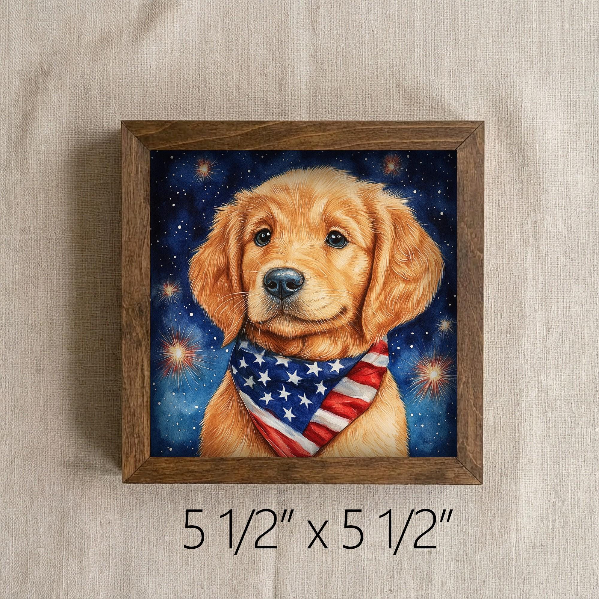 Framed Golden Retriever Art Print | Patriotic Farmhouse Shelf Decor