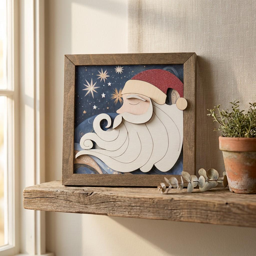 Framed Santa Layered Wood Art | Rustic Farmhouse Christmas Decor (Easel Included) | Tiered Tray Decor